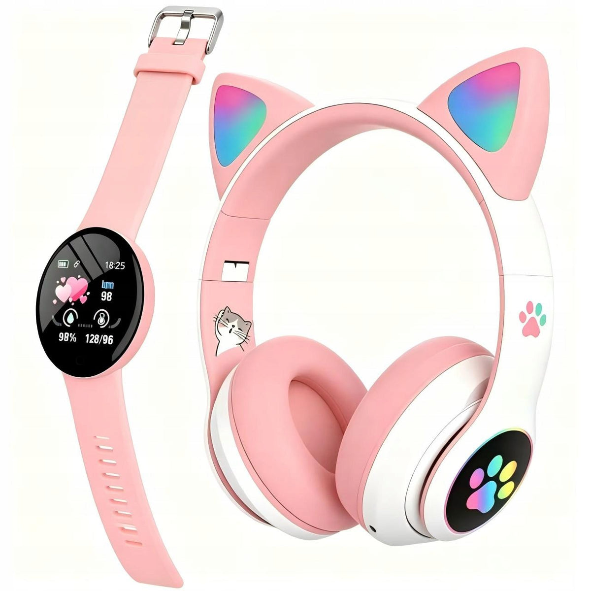 Pink Cat Ear LED Headphones + Pink Smart Band - Stylish Watch Packaging status original
