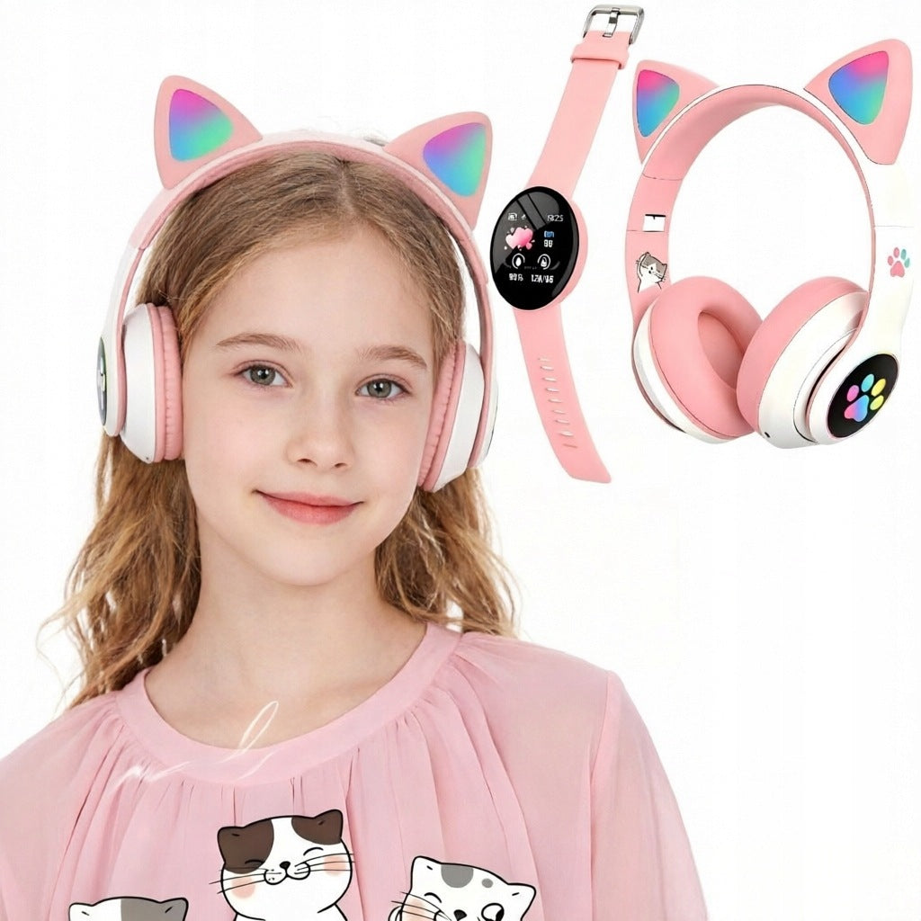 Pink Cat Ear LED Headphones + Pink Smart Band - Stylish Watch
