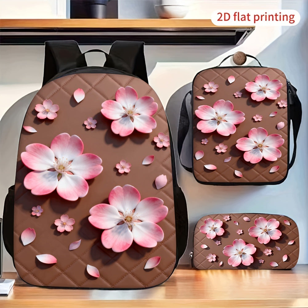 Pink Cherry Blossom 3-Piece Backpack Set with 2D Flat Printing, Matching Bag