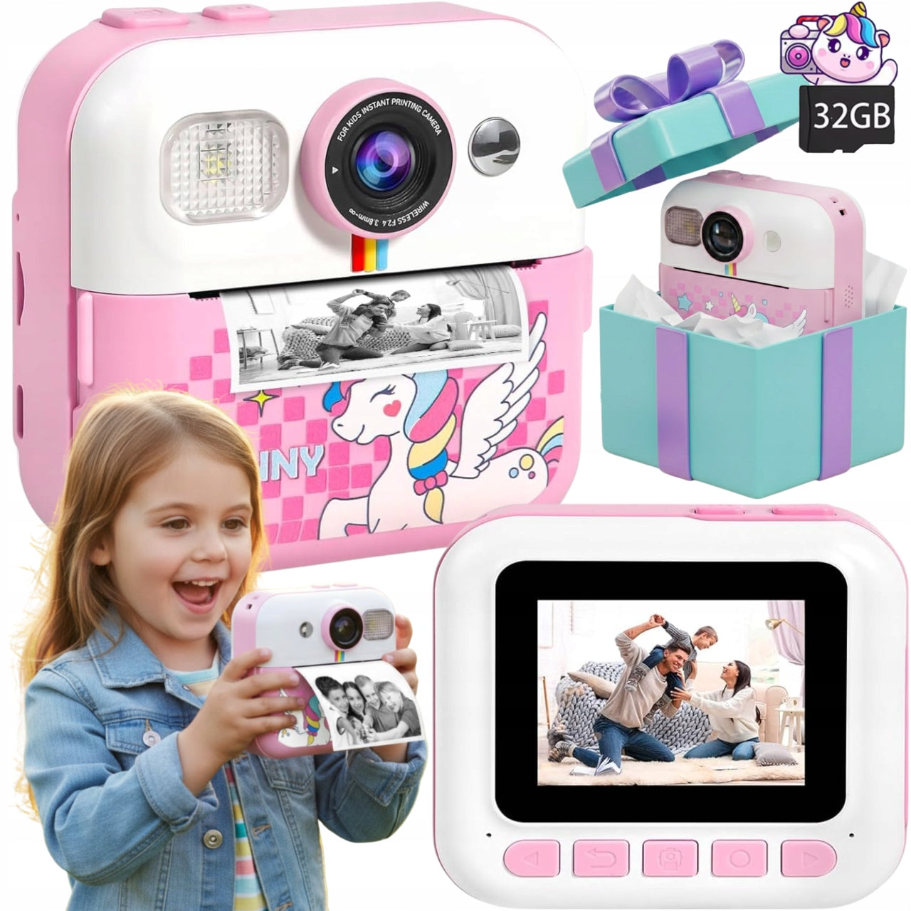 Pink INSTANT Camera for Kids with 32GB Mini Memory Card Printer