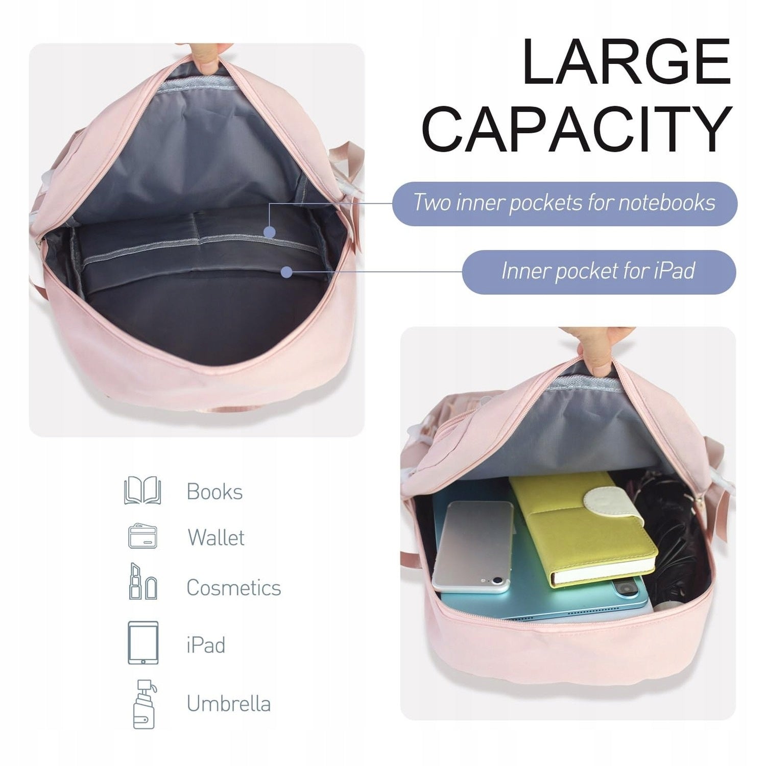 Pink kawaii backpack for girls - with accessories Color white