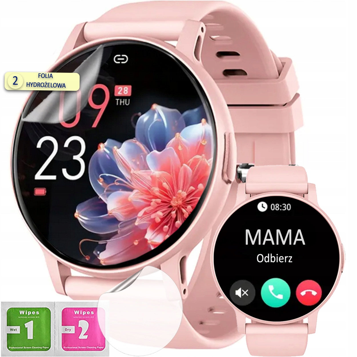 Pink smartwatch with heart rate monitoring and pedometer