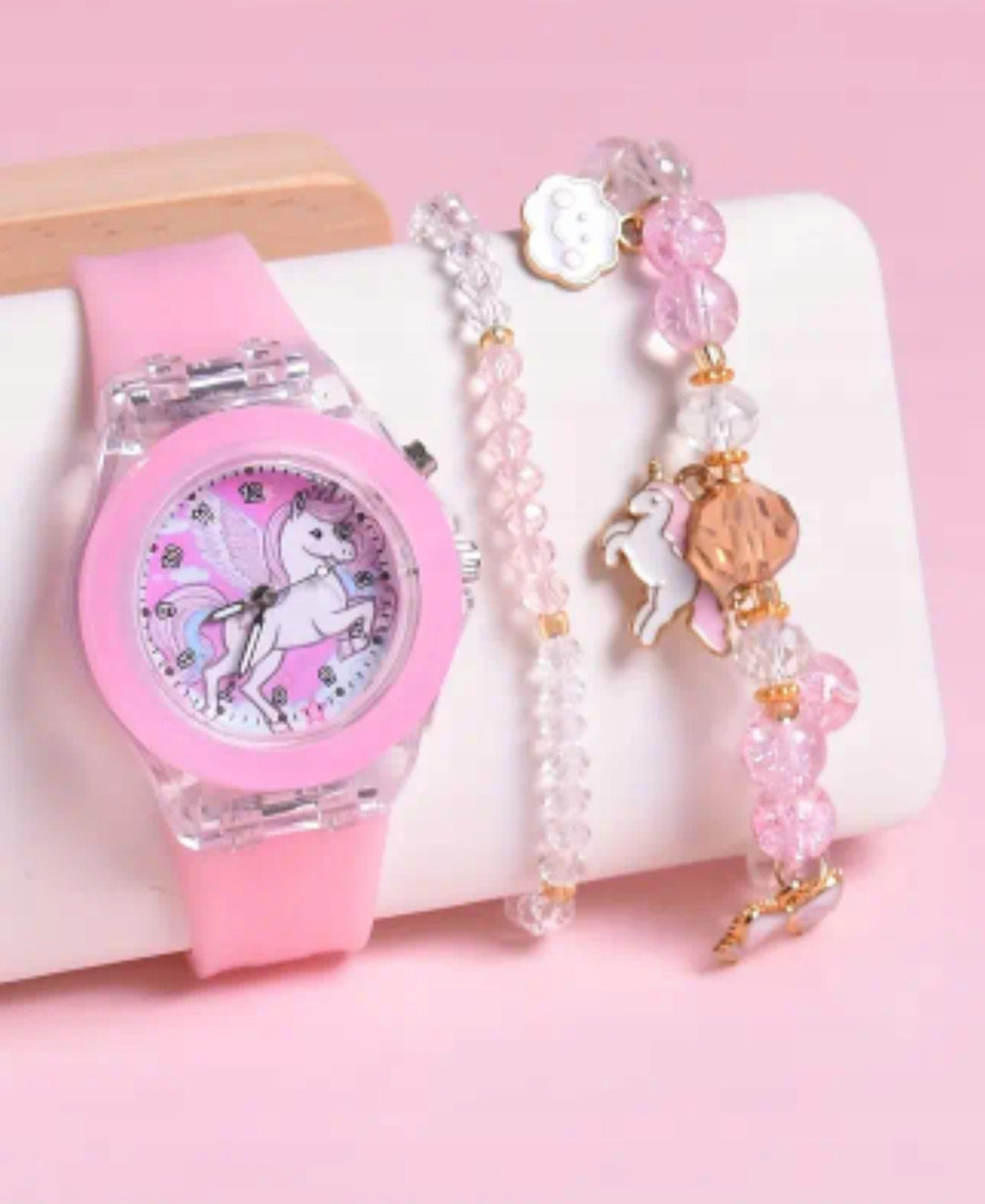 Pink watch glowing with unicorn bracelet gift for girl