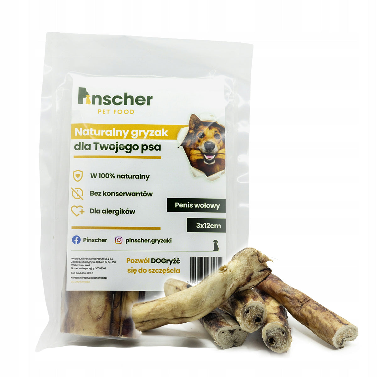Pinscher natural dog teether beef penis 3x12cm