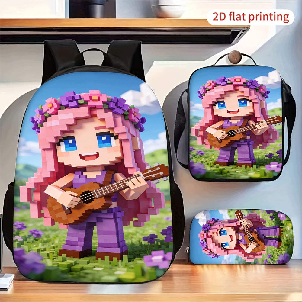 Pixel Pink Hair Girl Playing Guitar 3pc Backpack Set with Shoulder Bag