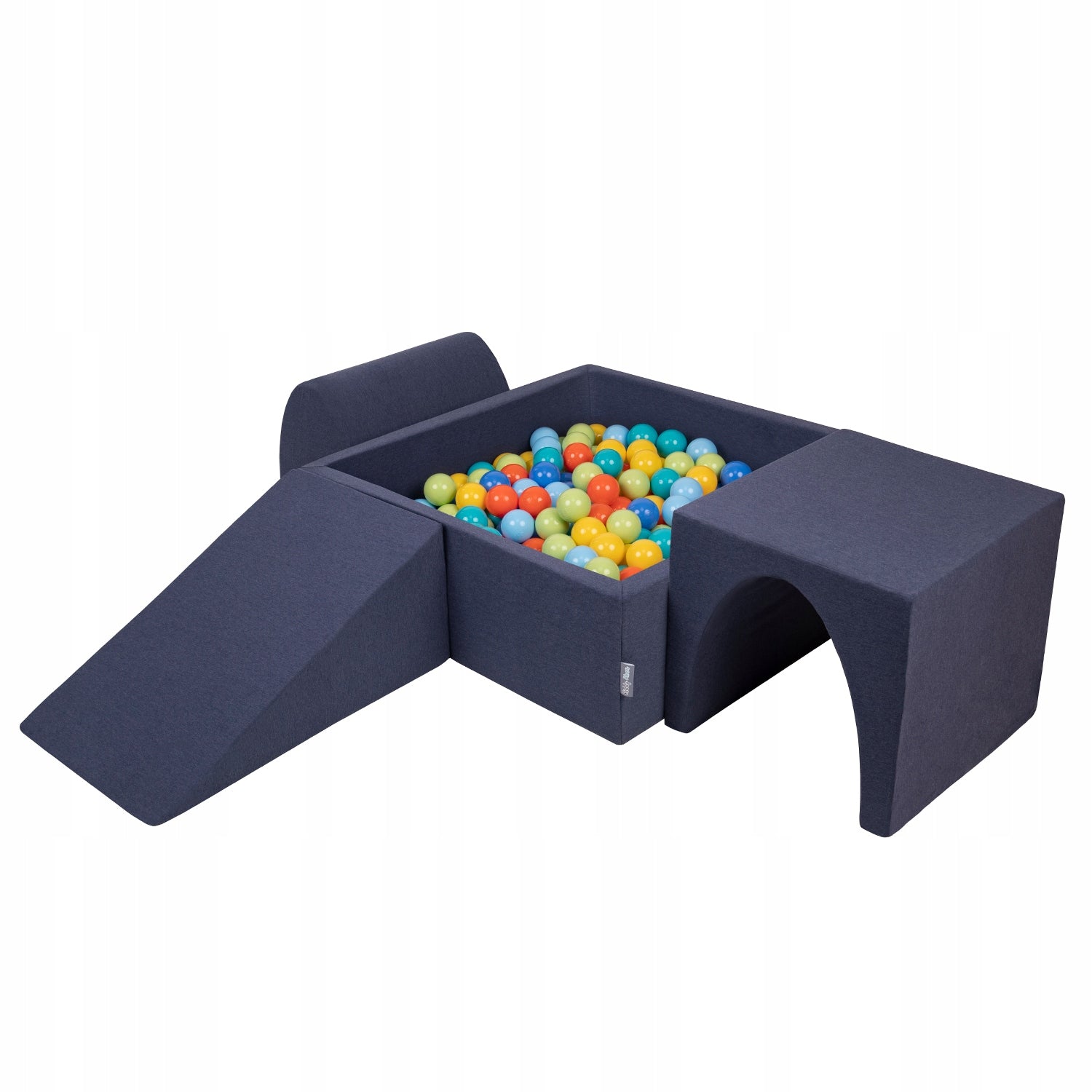 Kiddymoon Schaumstoff-Kinderspielplatz mit quadratischem Bällebad (300 Bälle), Version 2, Dunkelblau: Hellgrün/Orange/Türkis/Blau/Hellblau/Gelb 