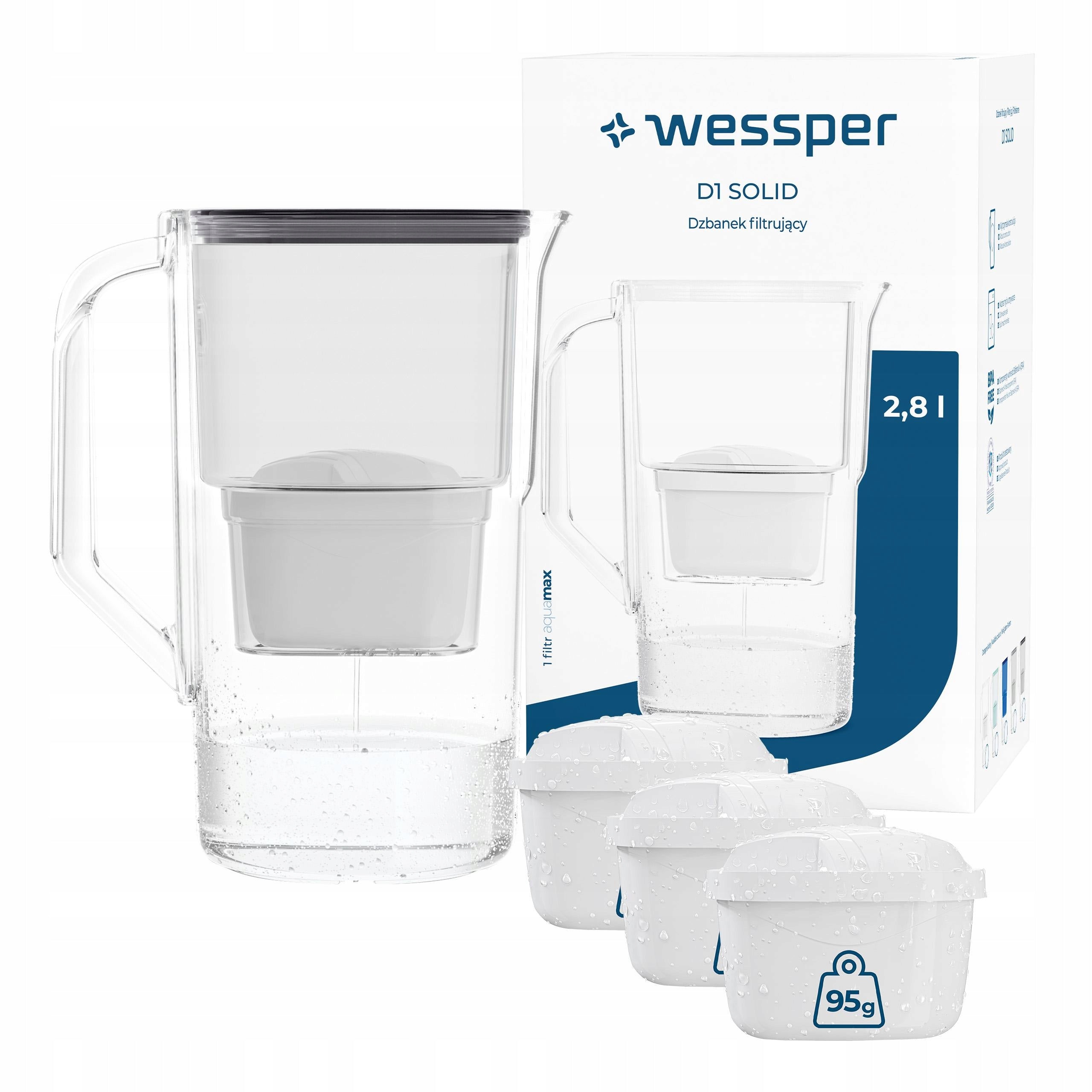 Plastic filter jug Wessper D1 SOLID 2,8l black + 4x water filter