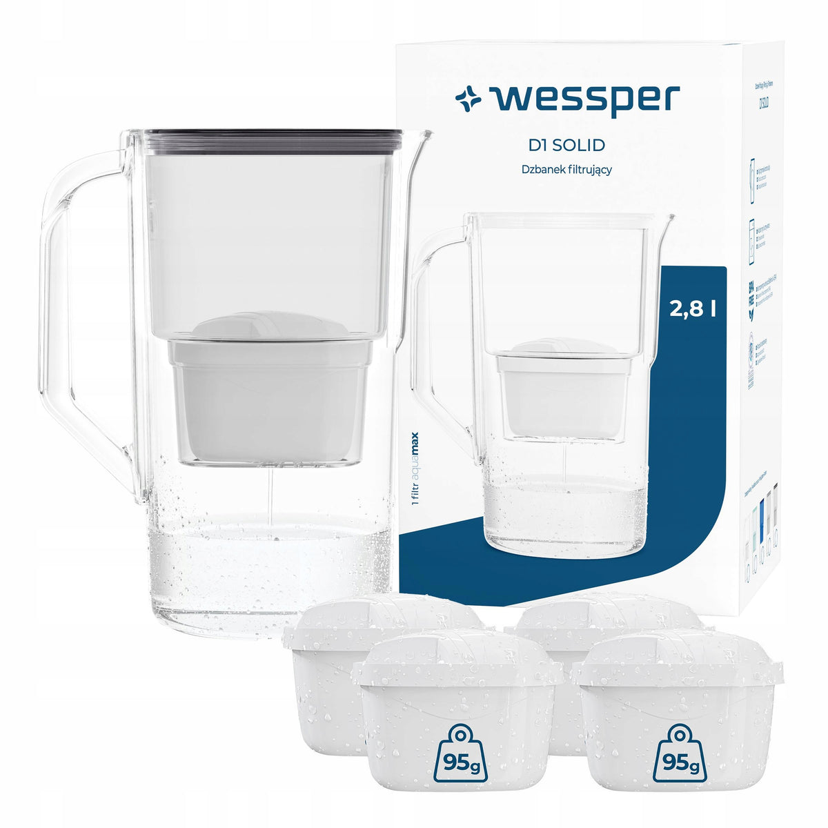 Plastic filter jug Wessper D1 SOLID 2,8l black + 5x water filter