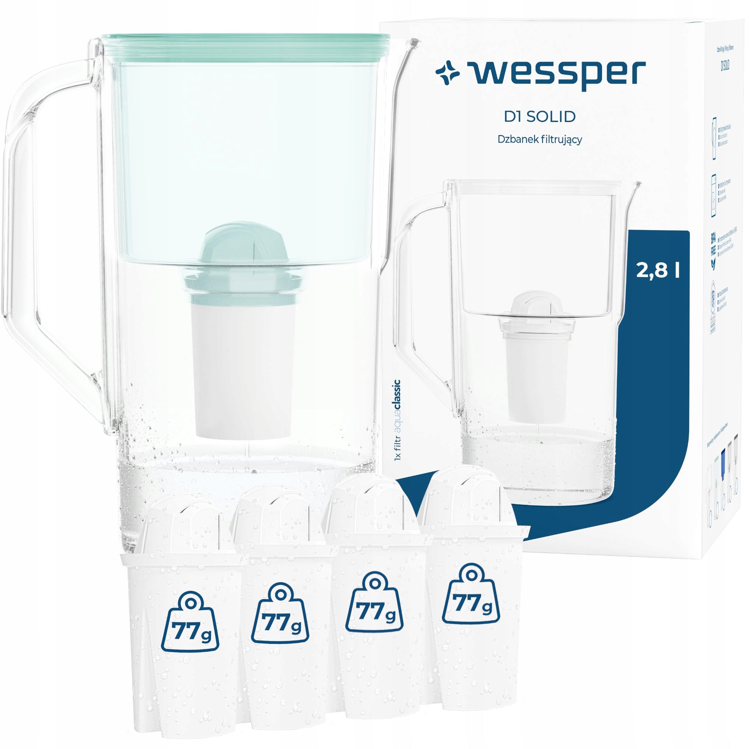 Plastic filter jug Wessper D1 SOLID 2,8l mint + 5x water filter