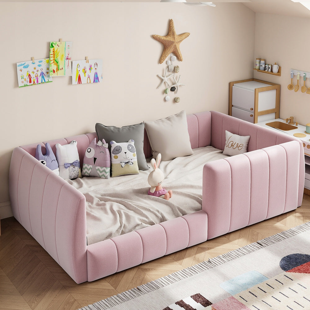 Platform bed child upholstered 90x200 safety railing pink
