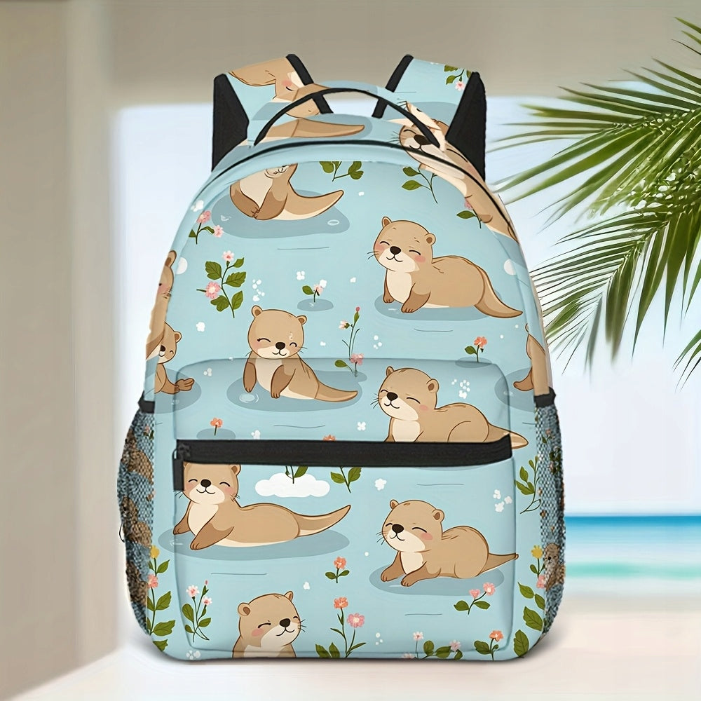 Playful Otter Floral Print Backpack for Work, School, and Errands