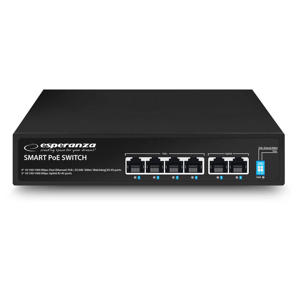 PoE SWITCH 4xPOE 2xUplink RJ45 10/100/1000Mbps 65W EXTEND 300M + FOR CAMERAS