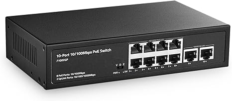 PoE Switch, 10 Port Switch 8 Ports 100M PoE+ 2 Gigabit Uplink