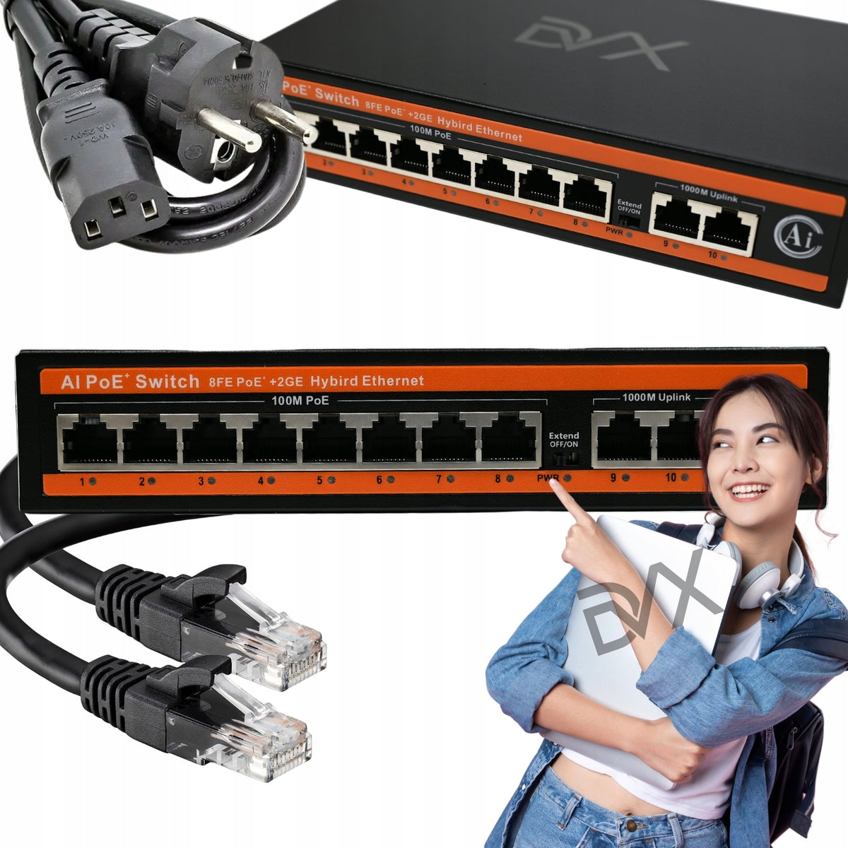 PoE Switch 8+2 8xPoE 2xUplink 1000Mbps 1Gb/s MONITORING FOR DVX 120W CAMERAS