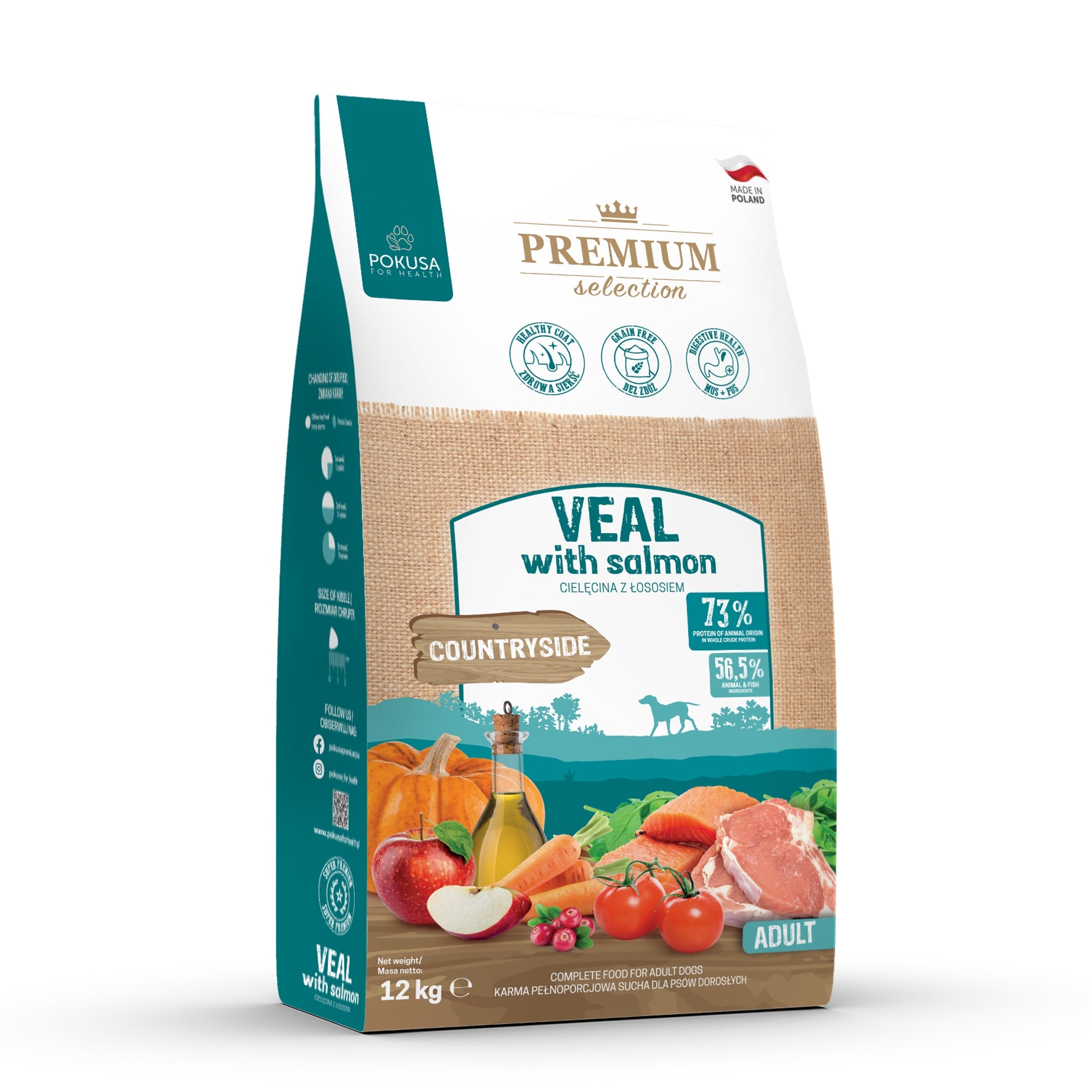 Pokusa Dog Food Premium Salmon Veal Salmon Dry 12kg Manufacturer code 5904730919180