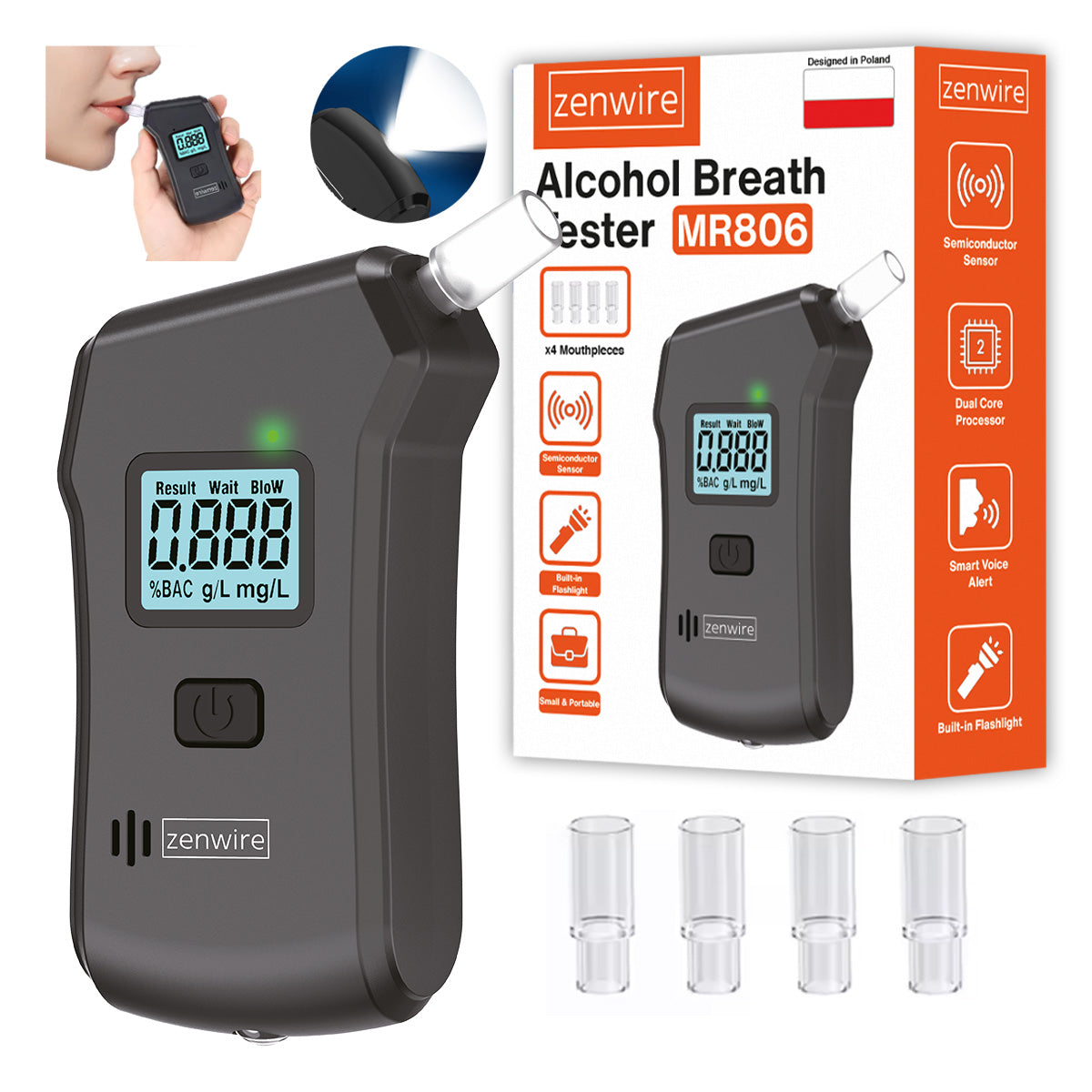 Police Breathalyzer Professional Digital Home Alcohol Flashlight 5x Mouthpiece