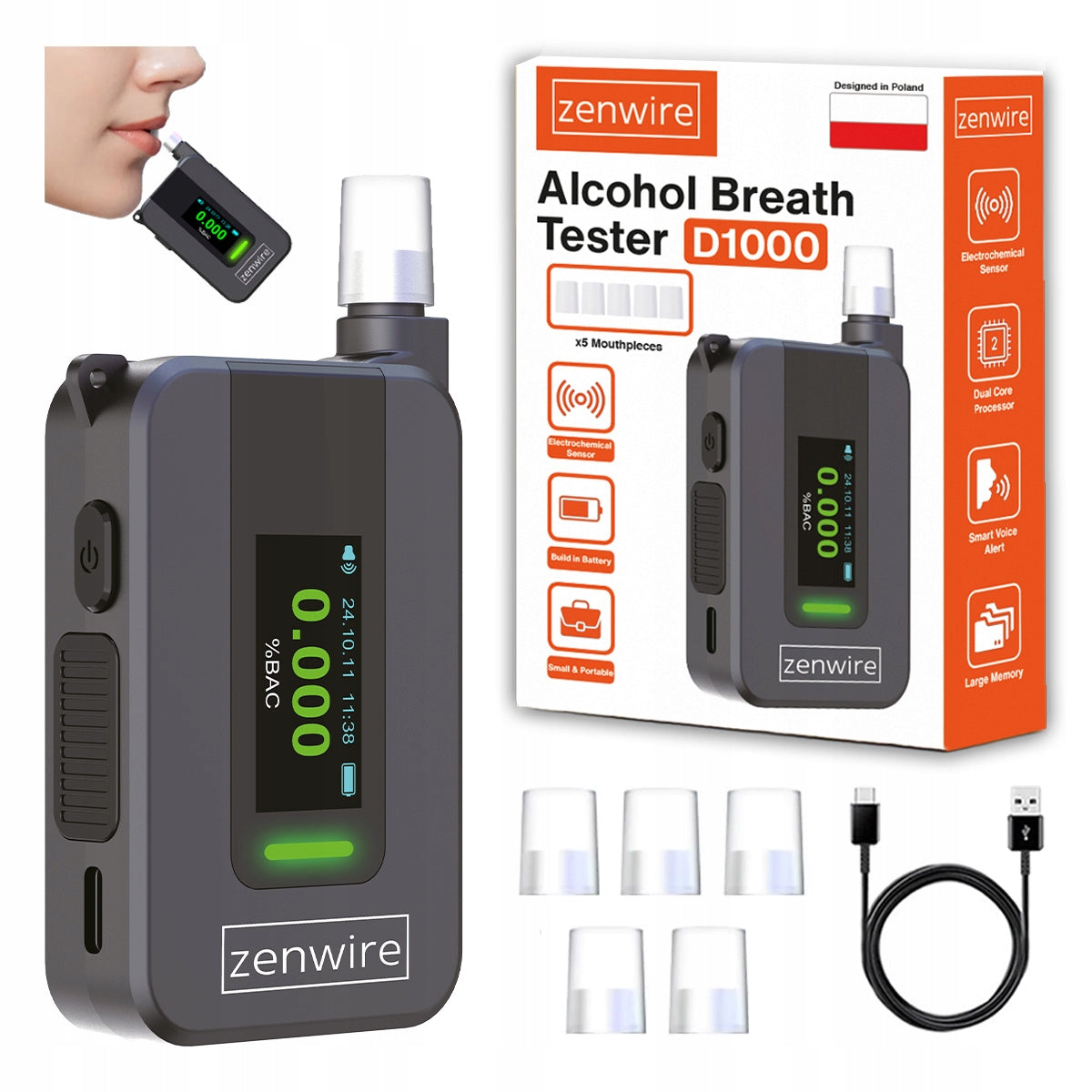 Police Electrochemical Breathalyzer AI Mouthpieceless Professional 6x Mouthpieces