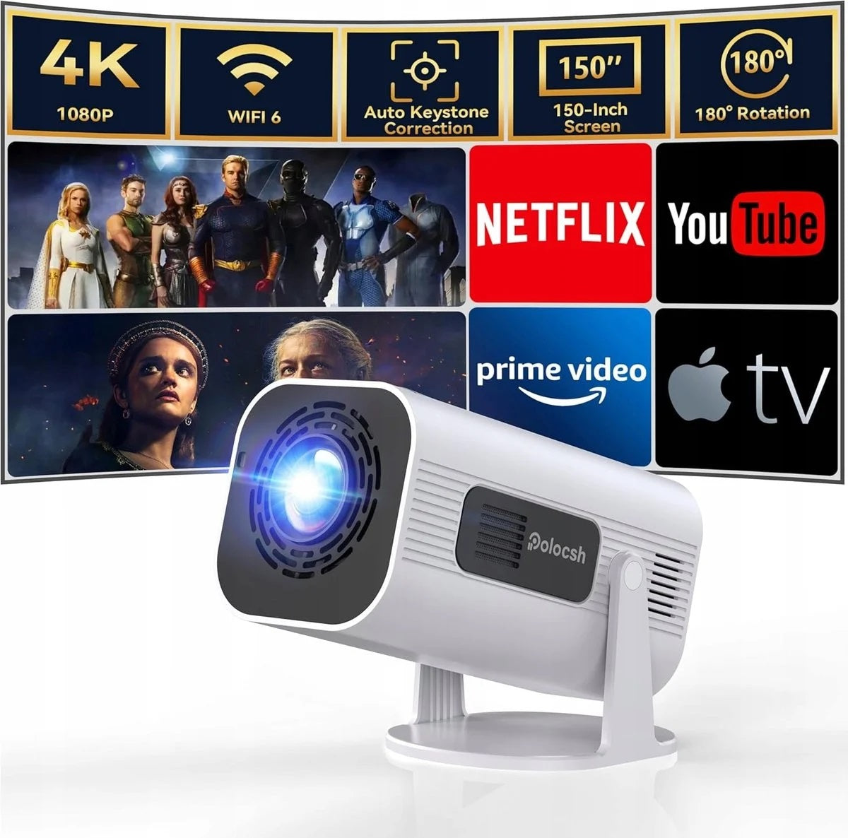 Polocsh P6 Projector 4K Home Theater 150" Projector 1080p FullHD WiFi6 and BT5.2