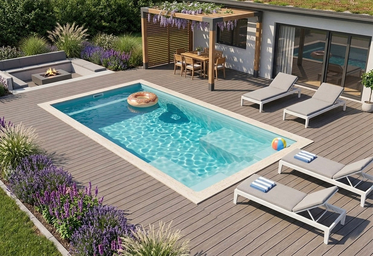 Polyester swimming pool MADERA Blue Way 5 x 2,5 x 1,5 m with digging couches