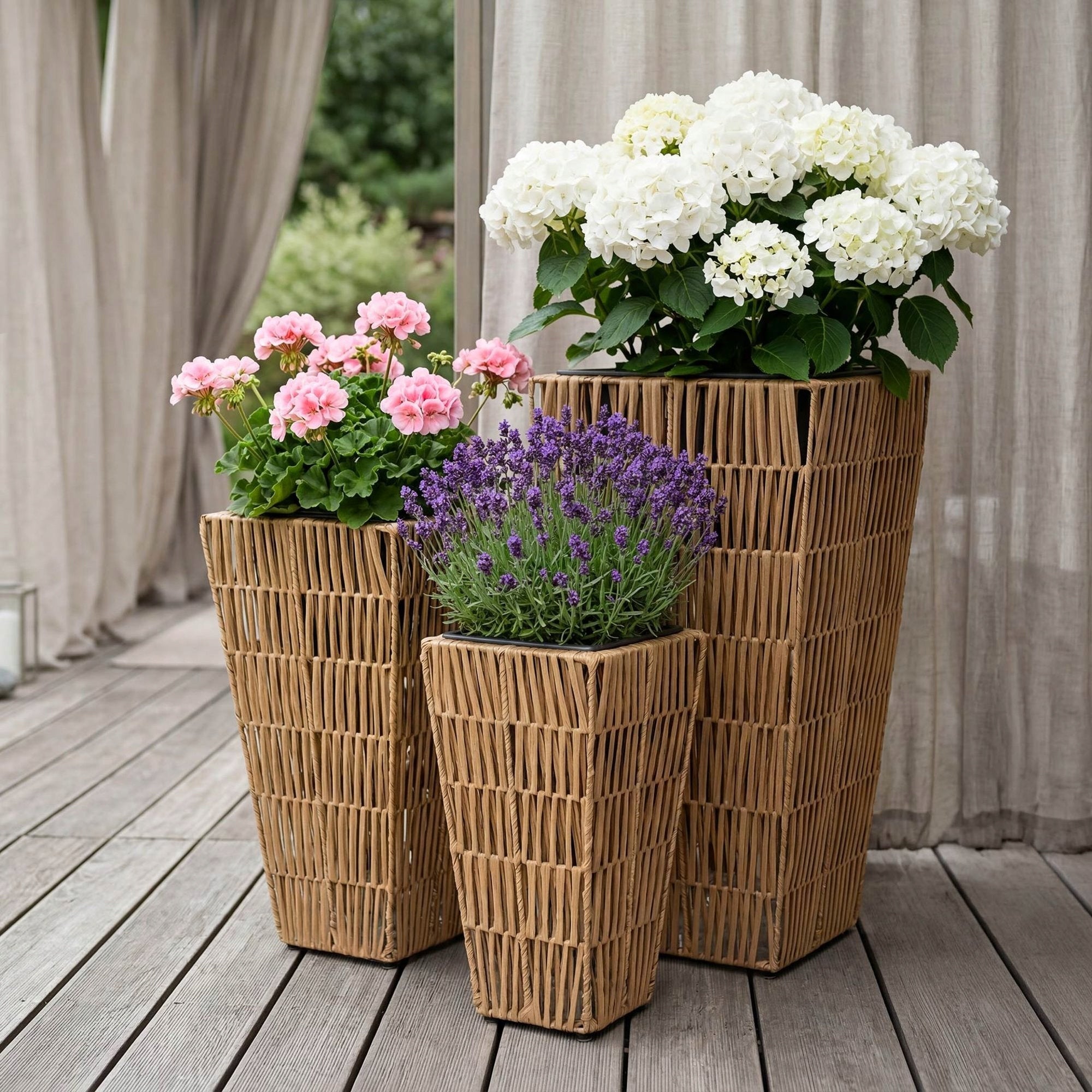 Polyrattan Pots Set of 3 with Refill Garden Pots Terrace Balcony Brand di volio