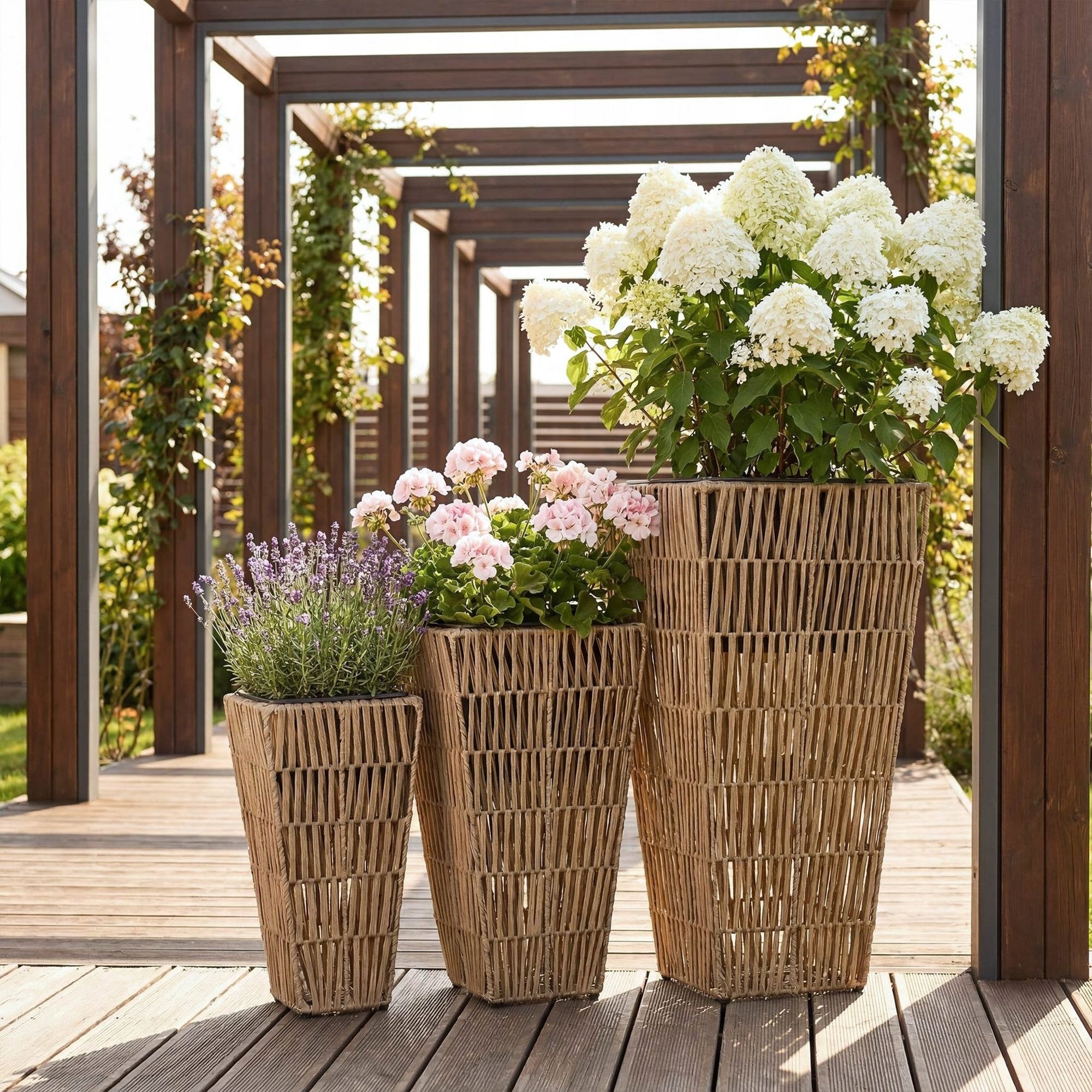 Polyrattan Pots Set of 3 with Refill Garden Pots Terrace Balcony Product height 75 cm