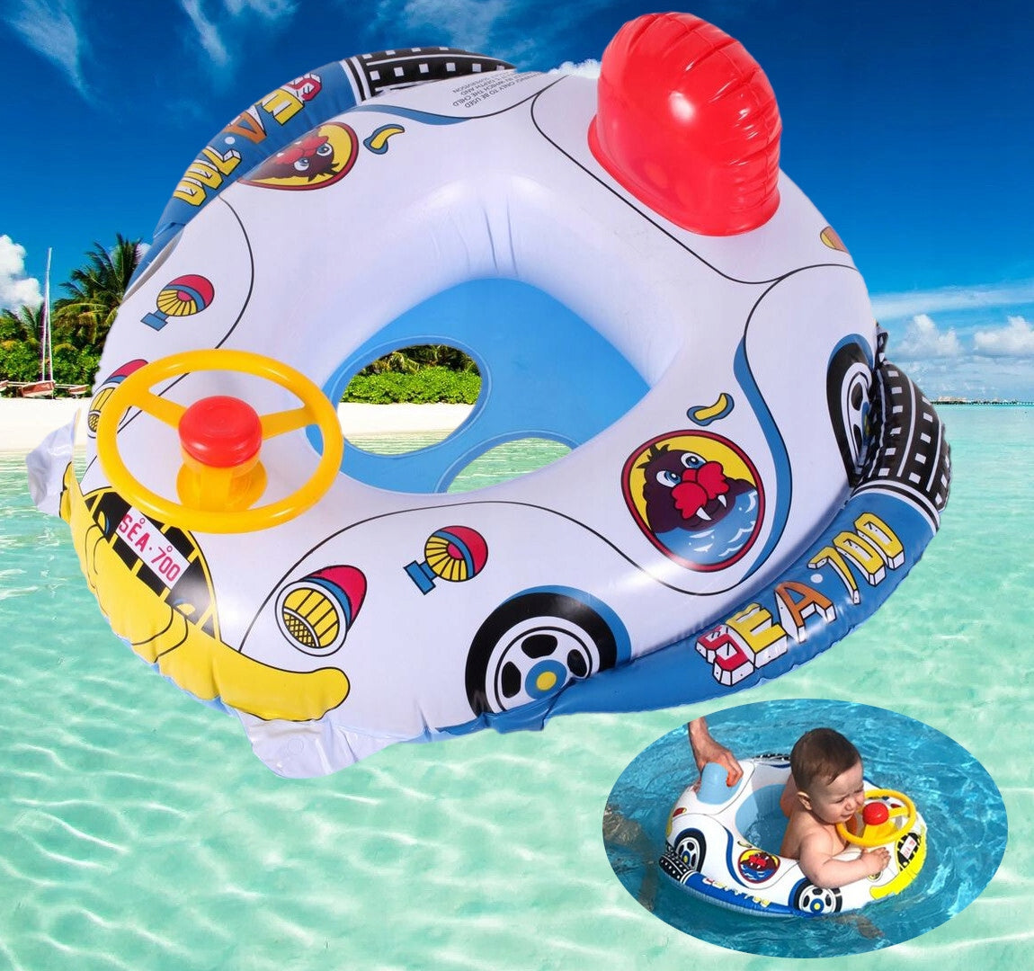 Pontoon with Steering Wheel For Baby Swimming Wheel 58x58cm Horn Color white