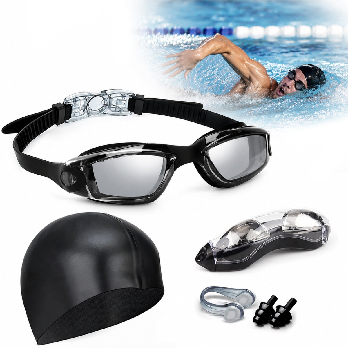 Pool Set: SWIMMING GLASSES SILICONE SWIMMING CAP for adults