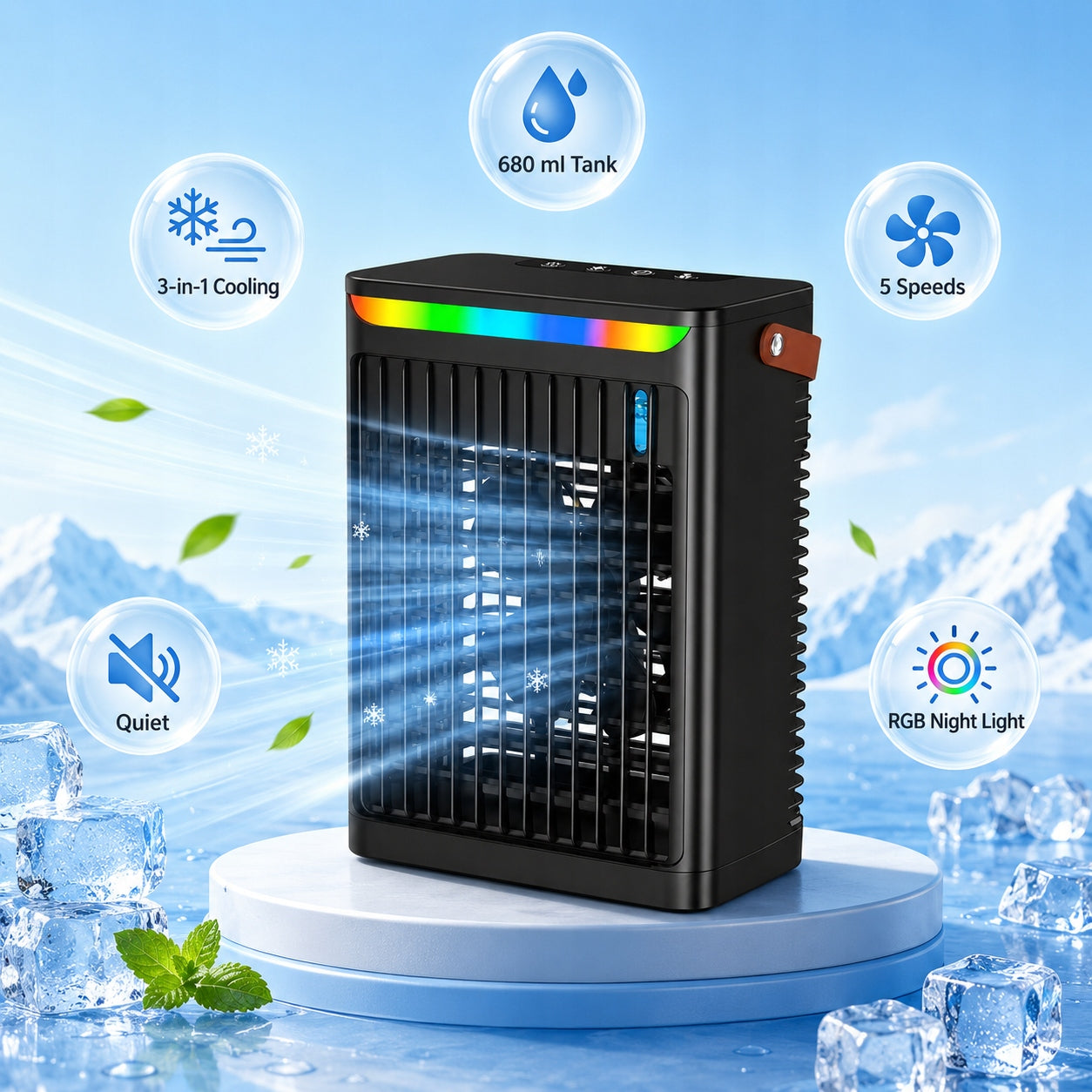 Portable Air Conditioner Fan 680ml USB Humidifier 5Speeds Night Light BLack Dominant color white