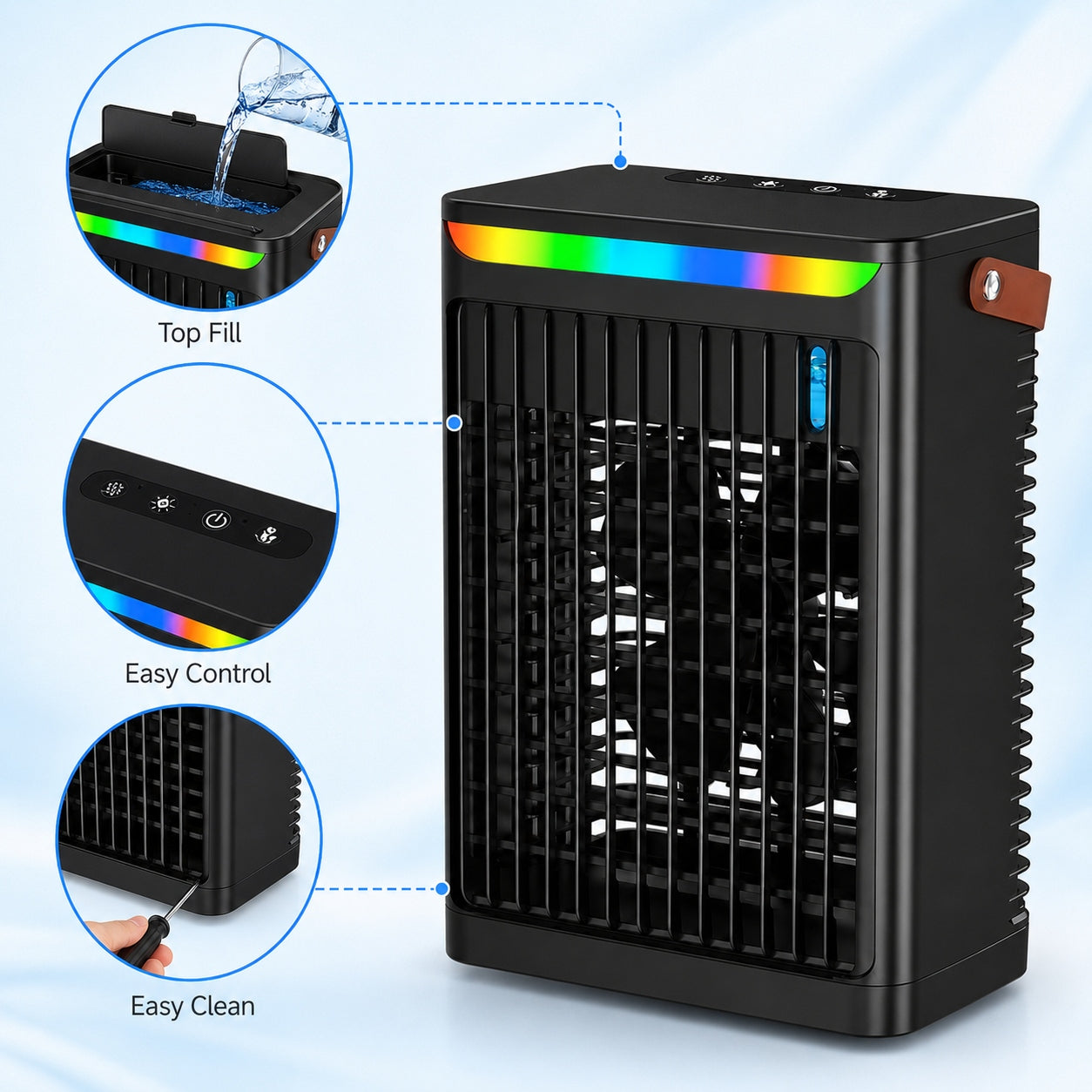 Portable Air Conditioner Fan 680ml USB Humidifier 5Speeds Night Light BLack Power 10.1 W