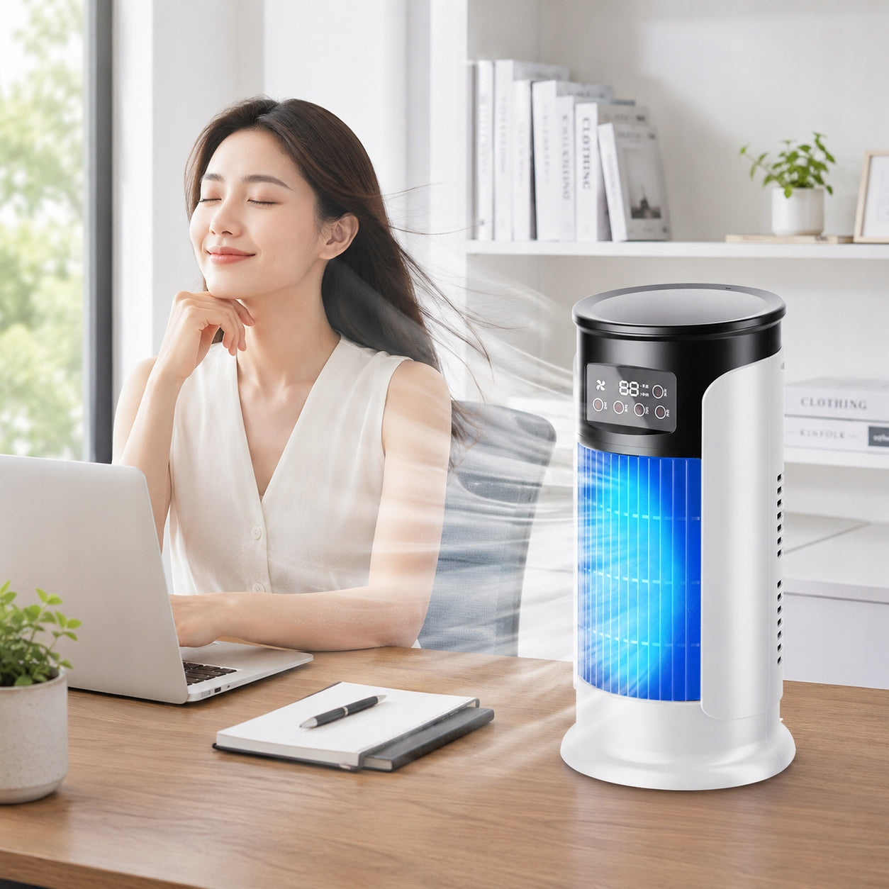 Portable Air Conditioner Tower Air Fan USB Mist Humidifier 6 Speeds Timer Dominant color white