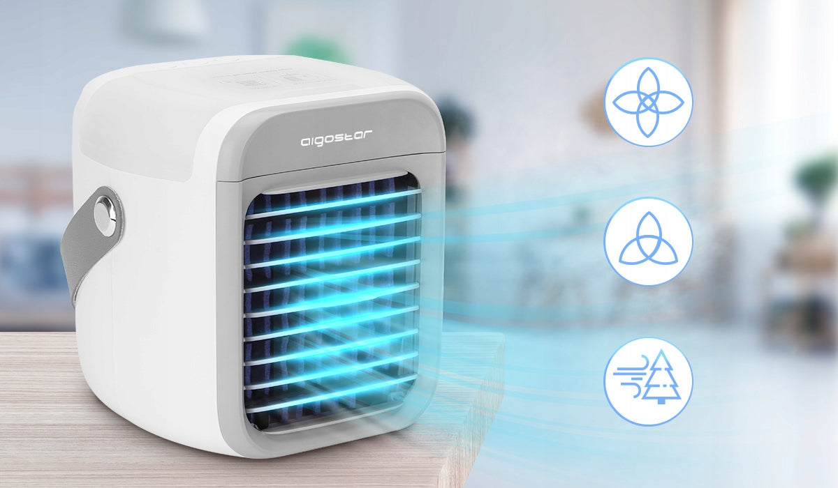 Portable Air Conditioner, USB, 7 Inch, 9 Blades, 3 Speeds, 2000 mAh, White Dominant color silver/gray