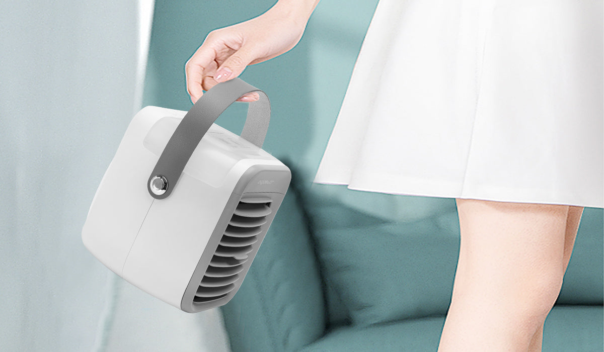 Portable Air Conditioner, USB, 7 Inch, 9 Blades, 3 Speeds, 2000 mAh, White Model Ice Cube