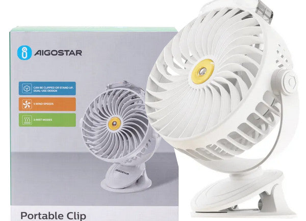 Portable Fan with Clip and Mist, 5 Speeds, 4000r/min, White