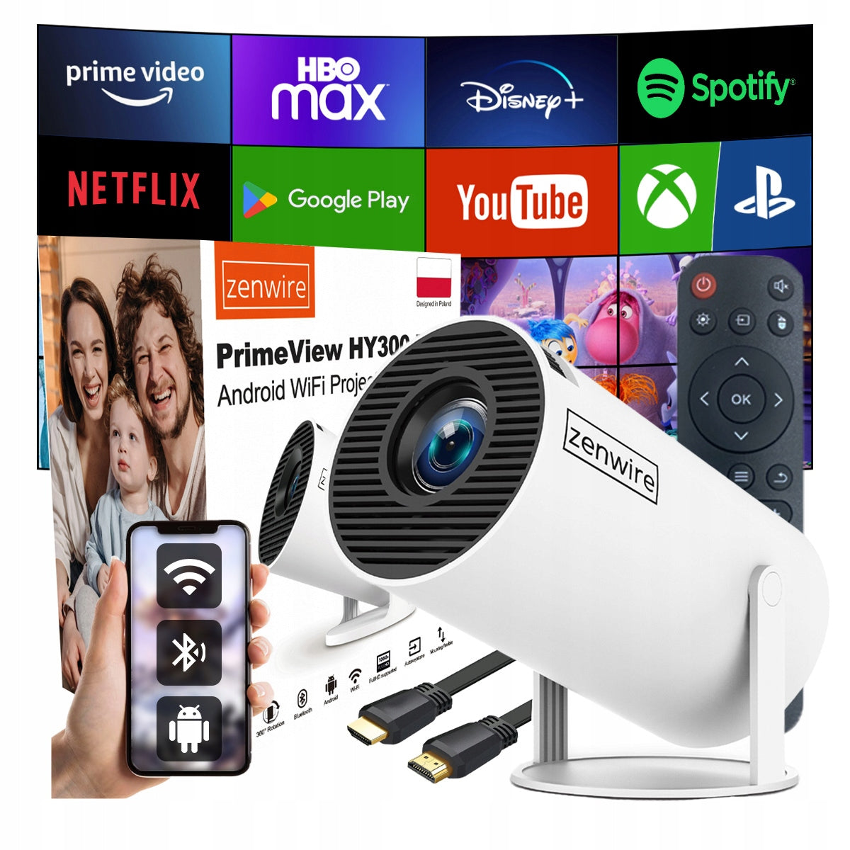 Portable Mini Projector Android TV Wifi 6 Projector 360 Full HD 4K Bluetooth