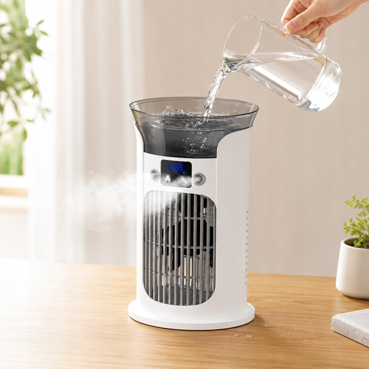 Portable Mist Cooling Fan 880ML USB Air Cooler Humidifier 3 Speeds 7 Light Dominant color white
