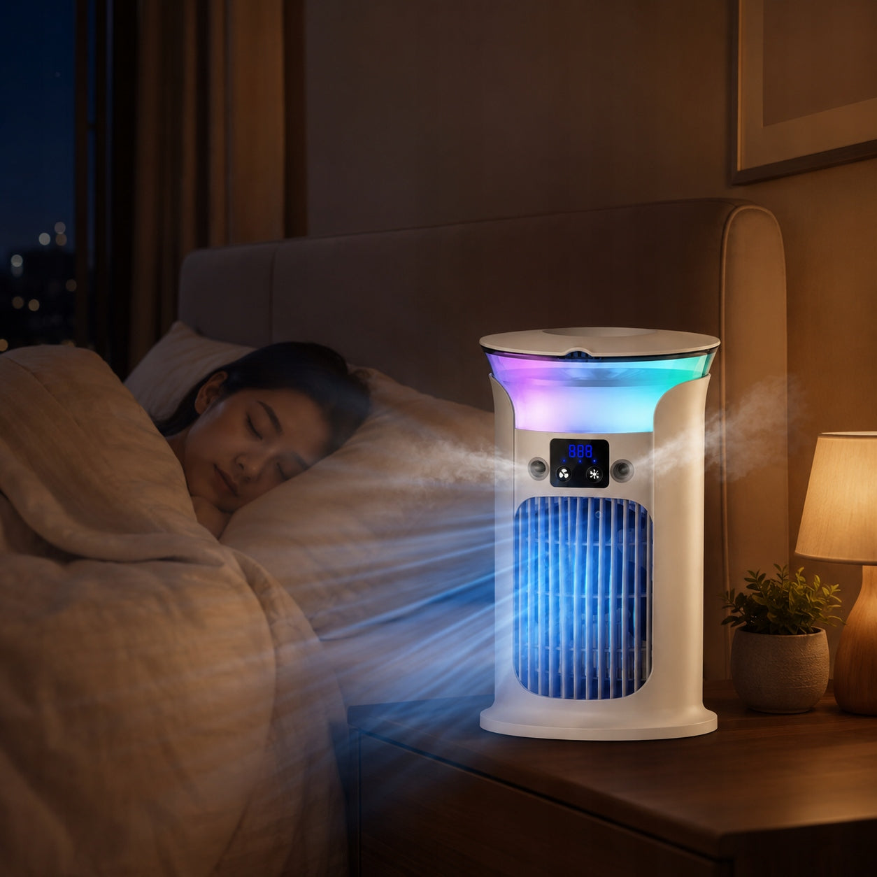 Portable Mist Cooling Fan 880ML USB Air Cooler Humidifier 3 Speeds 7 Light Packaging status original