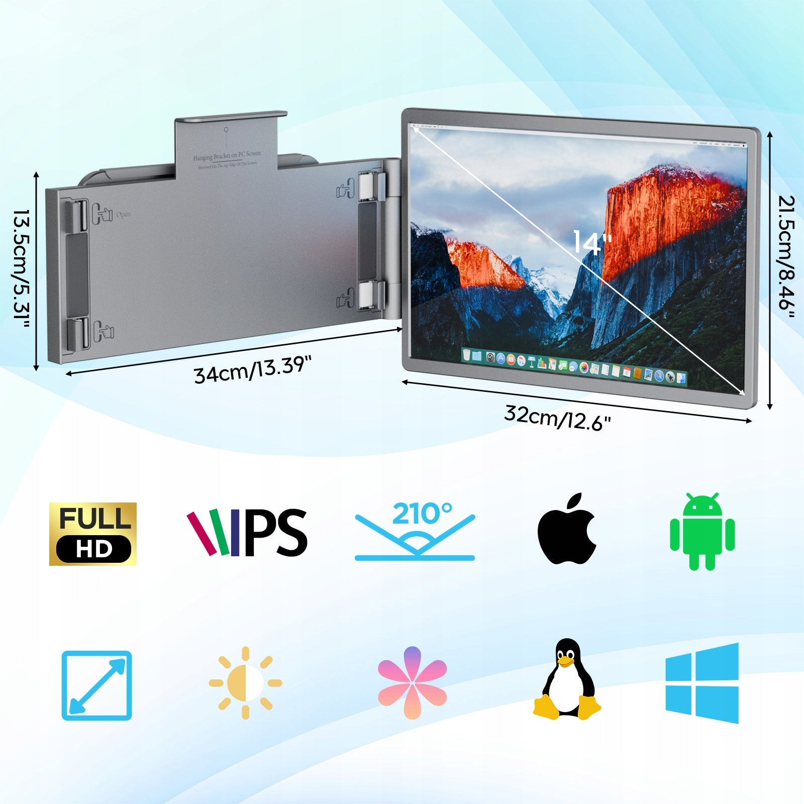 Portable Monitor 14'' FHD Right Single Laptop Screen Extension IPS HDeye Brand HDeye