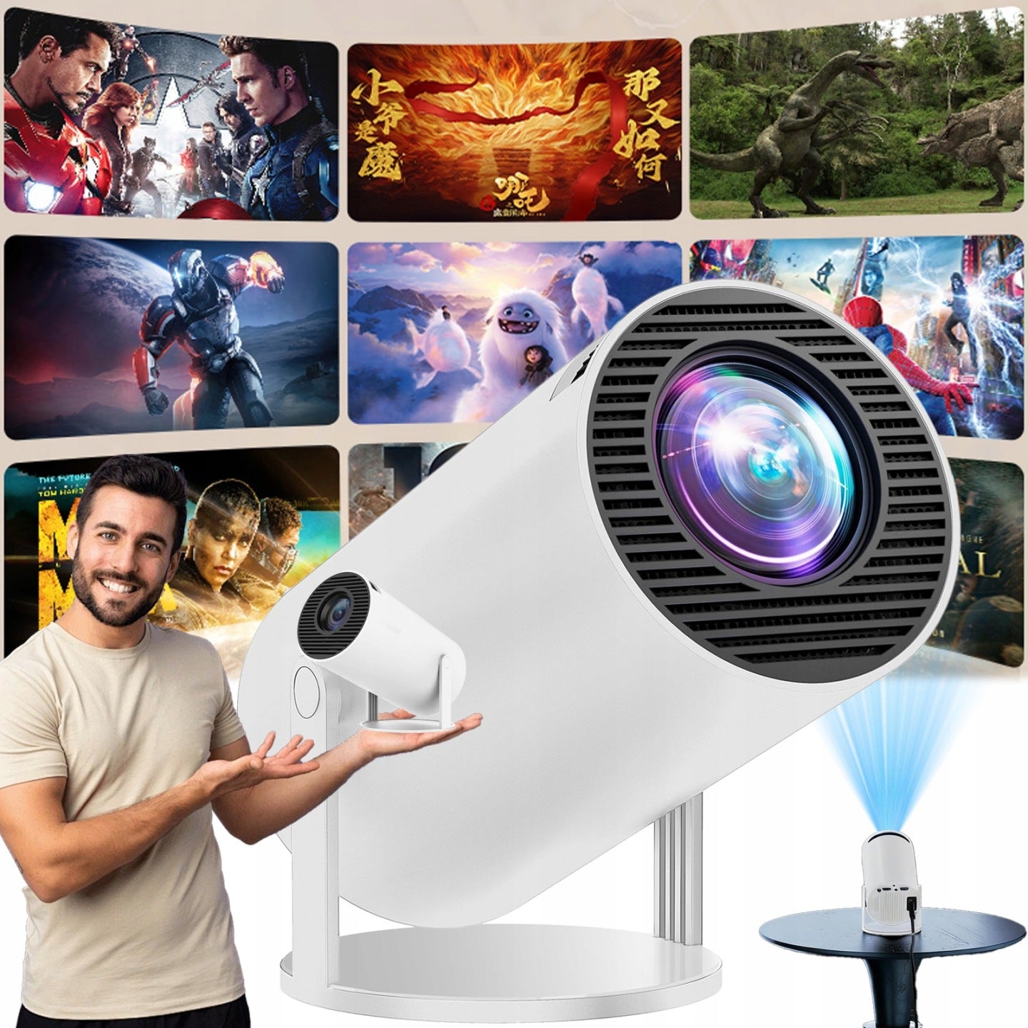 Portable Projector Pro HY300 4K WiFi6 Bluetooth 5.2 Rotary 180° Home