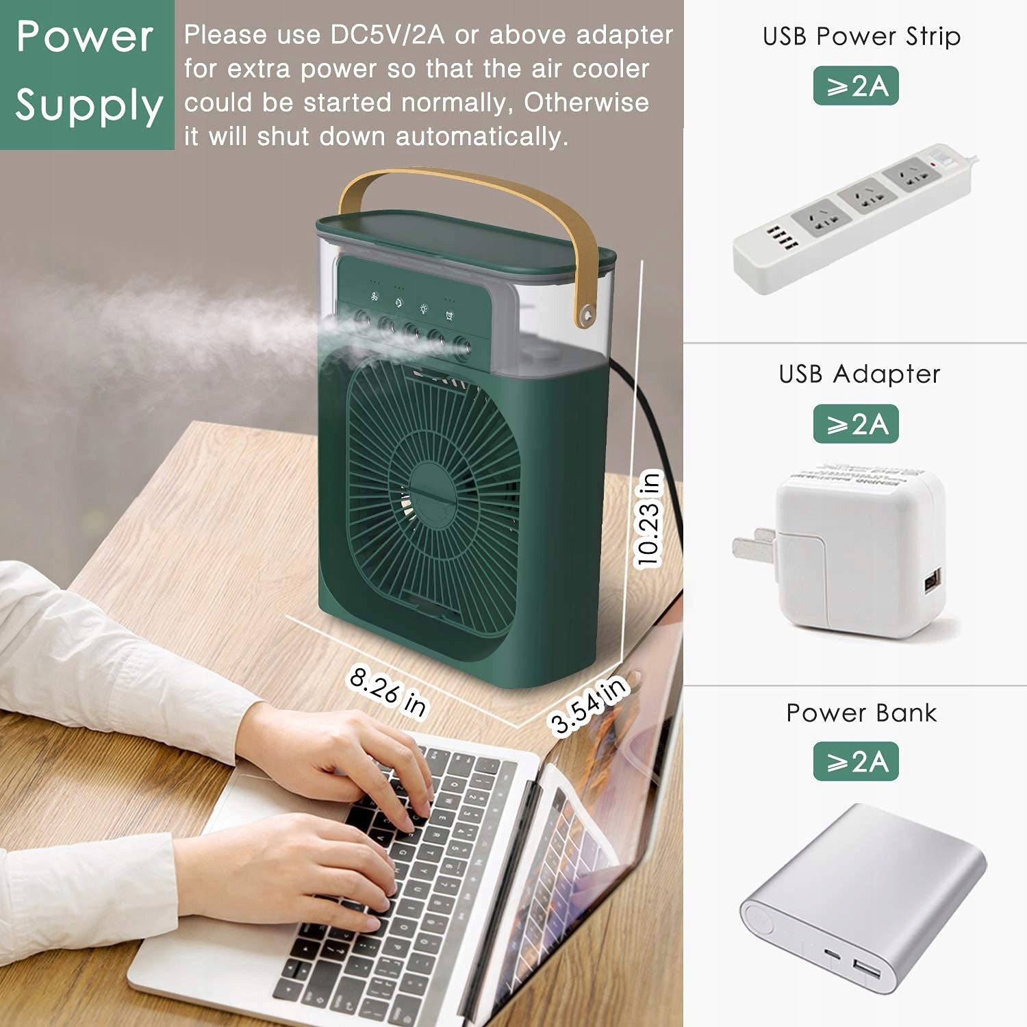 Portable Quiet Fan Humidifier Air Conditioner 3in1 USB for Water - Green Brand no brand