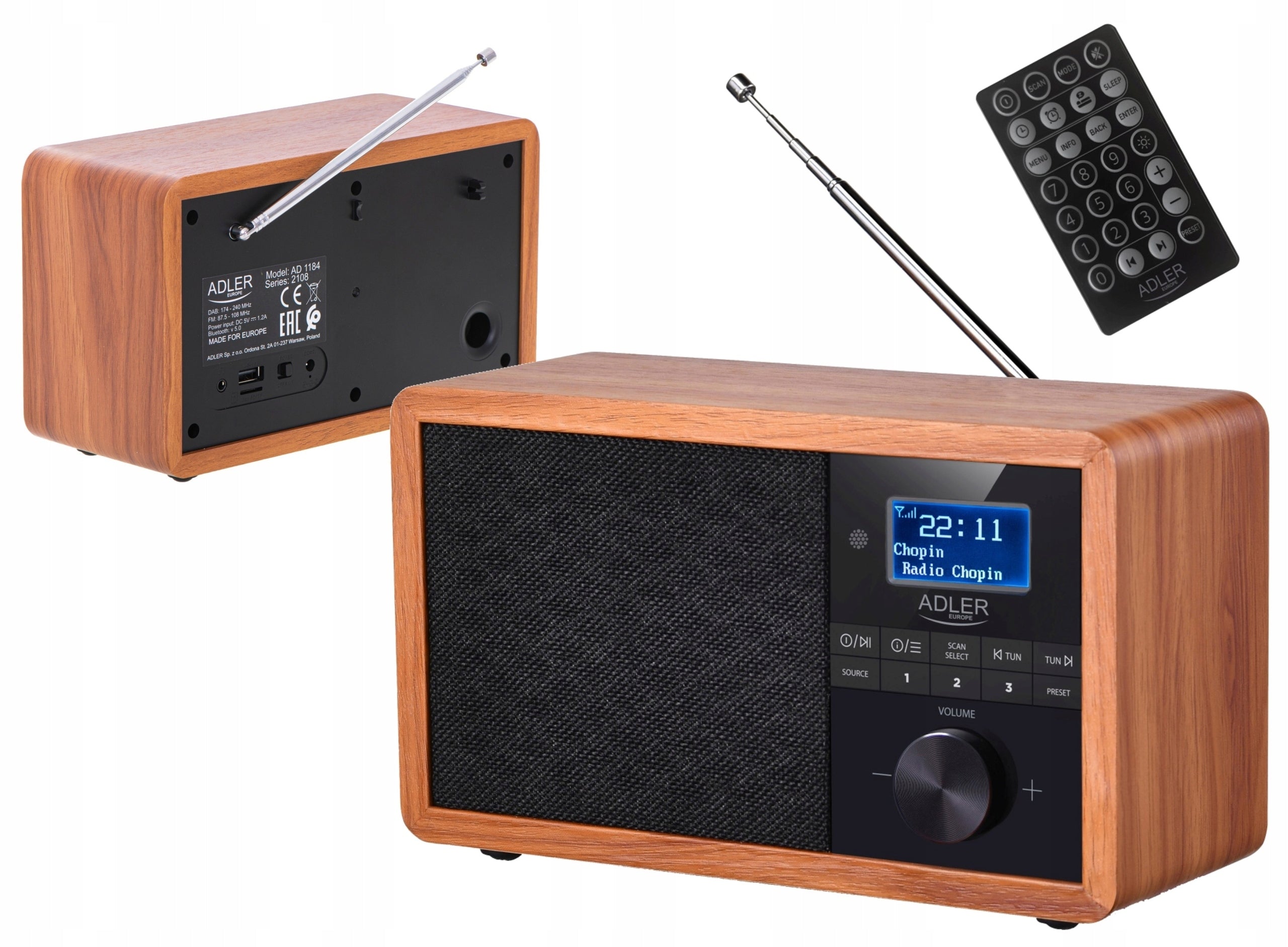 Portable Radio DAB+ Bluetooth FM AM LCD Wooden Enclosure Adler AD 1184