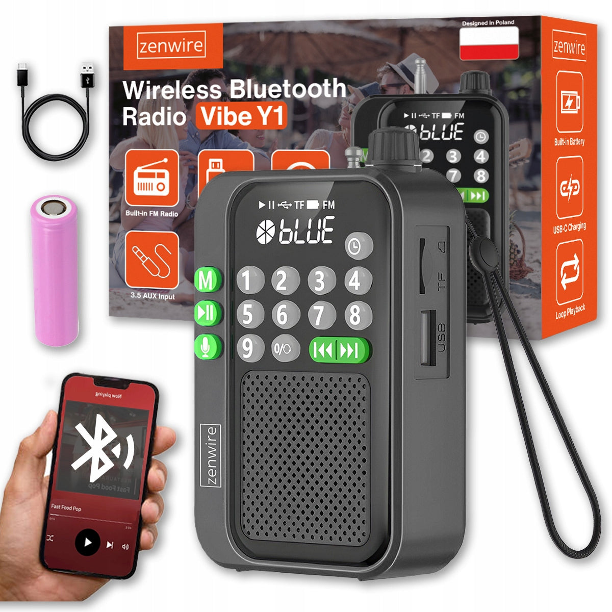 Portable Radio Pocket MP3 Zenwire Vibe Y1 Bluetooth FM USB-C 1200 mAh
