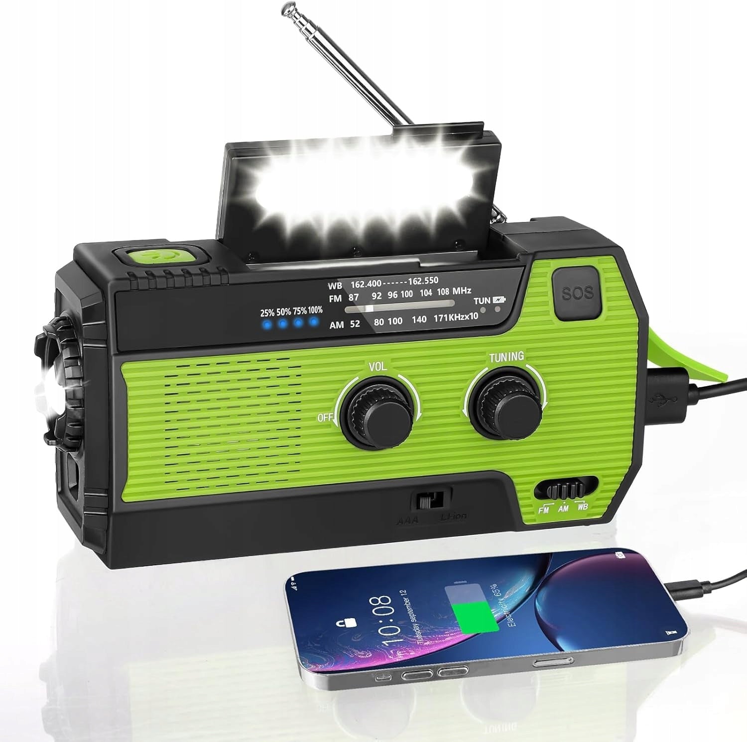 Portable Solar Radio for Crank Emergency Light AlarmSOS 4000mAh Green