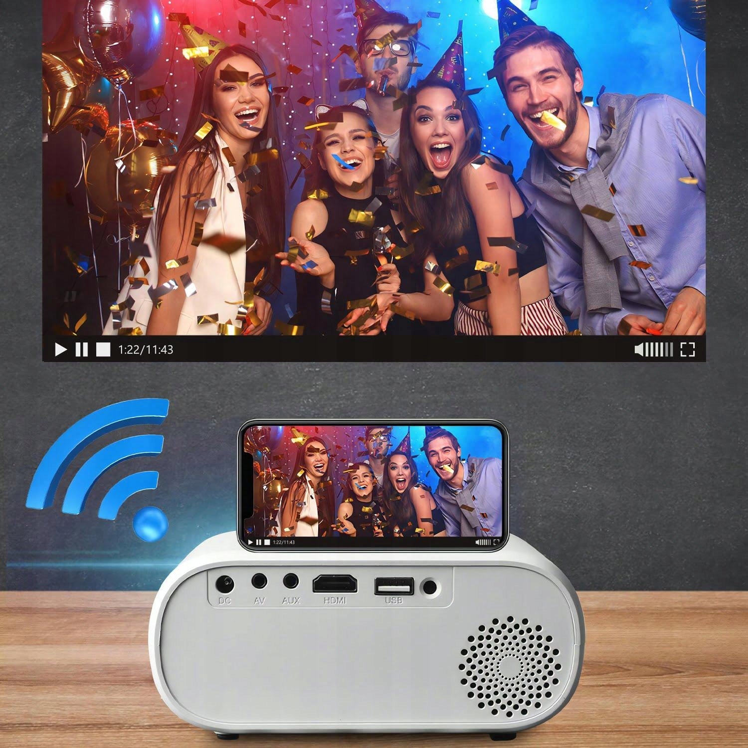 Portable WIFI LED Projector HDMI USB AV and Speaker 100″ Brand DexXer