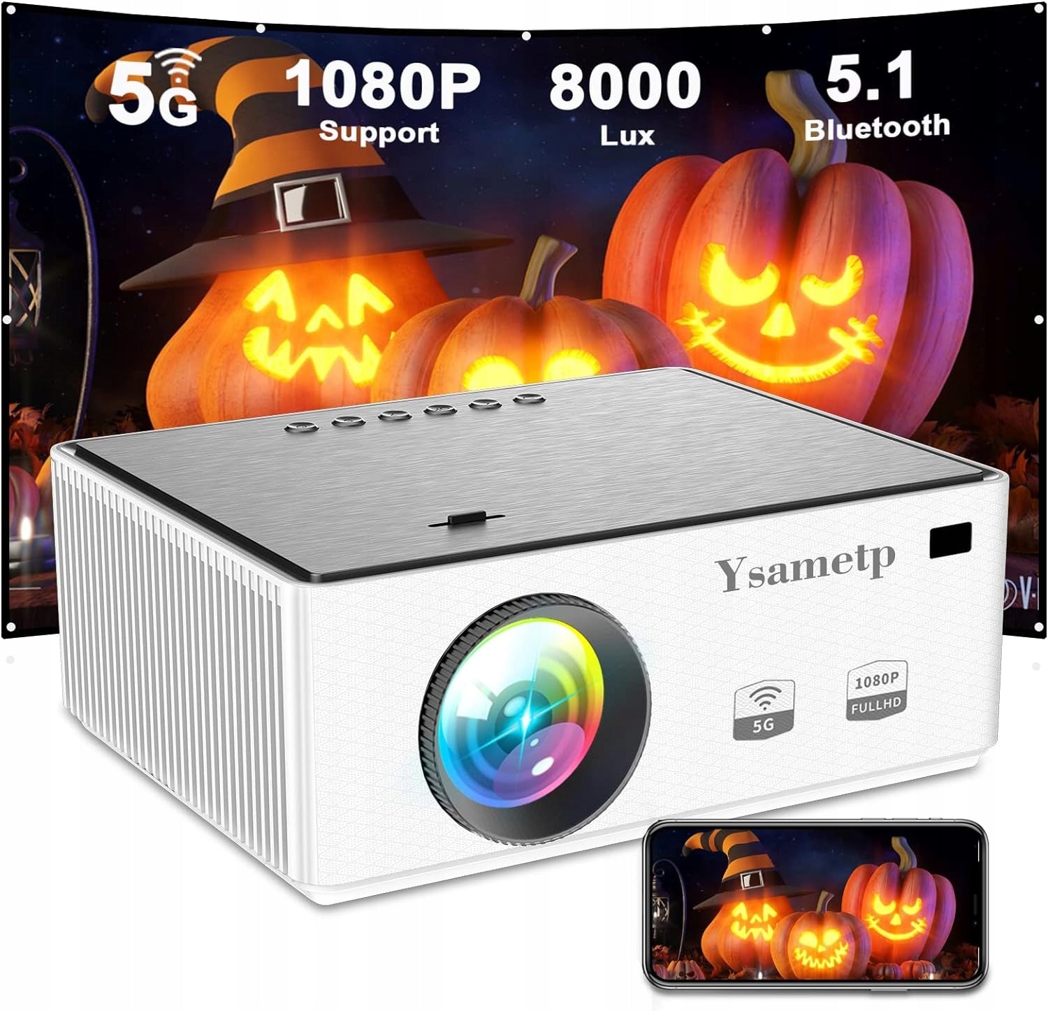 Portable WiFi Projector 2,4 G/5 G, Bluetooth 170 inches, White EAN (GTIN) 732214569027