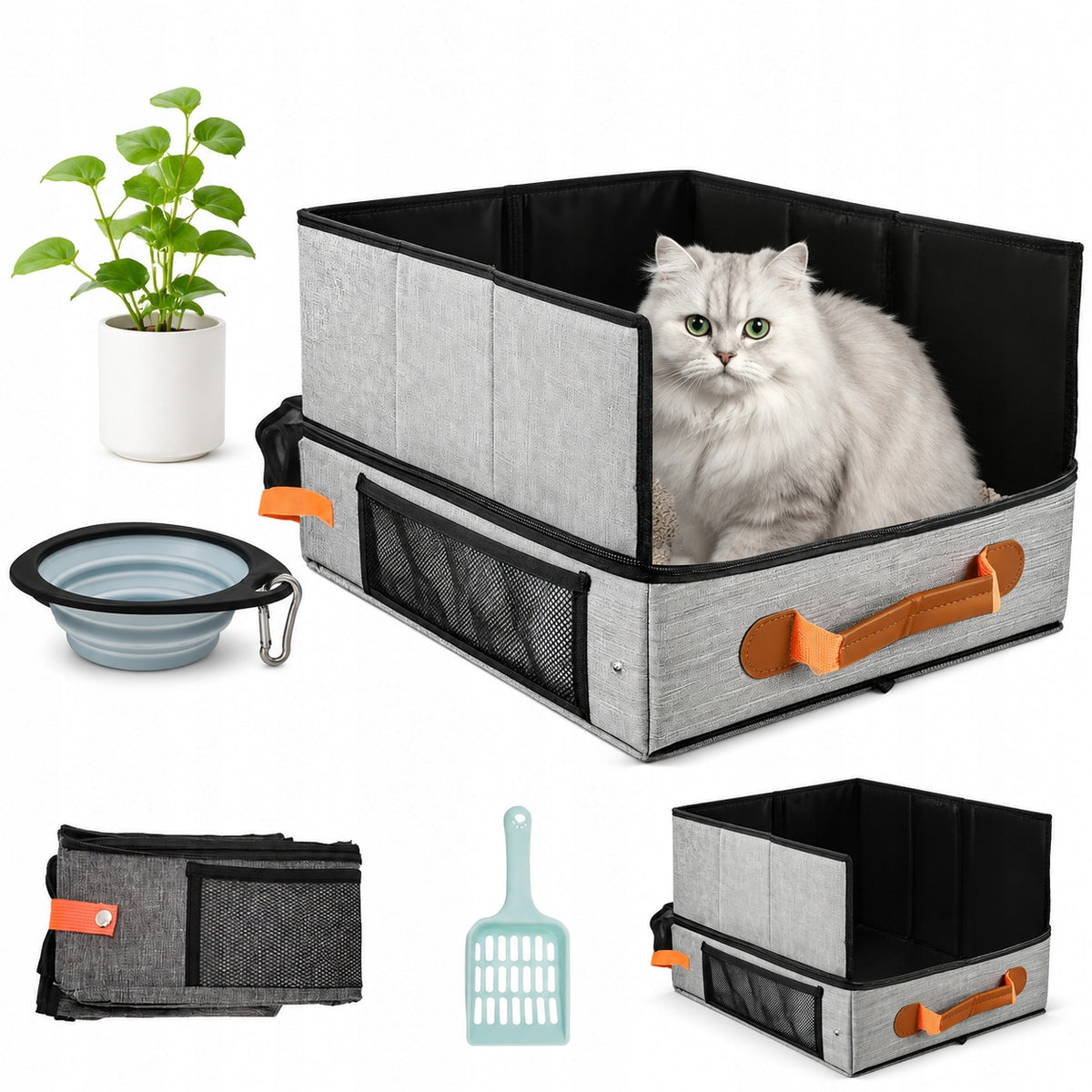 Portable cat litter box with anti-spill partition, grey