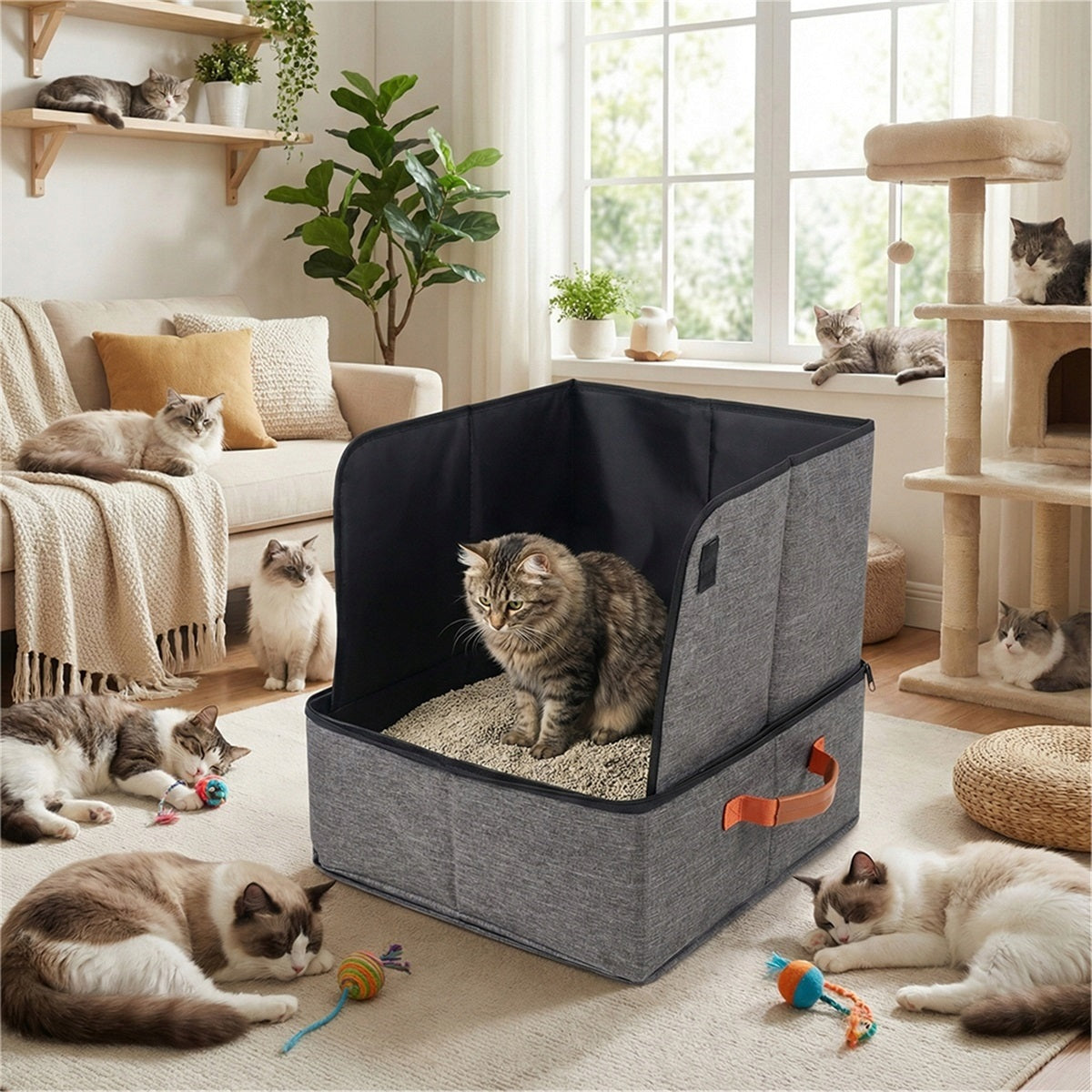 Portable cat litter box with anti-splash partition Length 44.9 cm