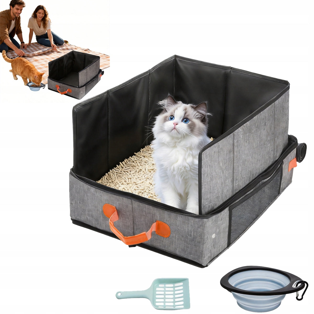Portable cat litter box with spatula – tall, foldable, gray