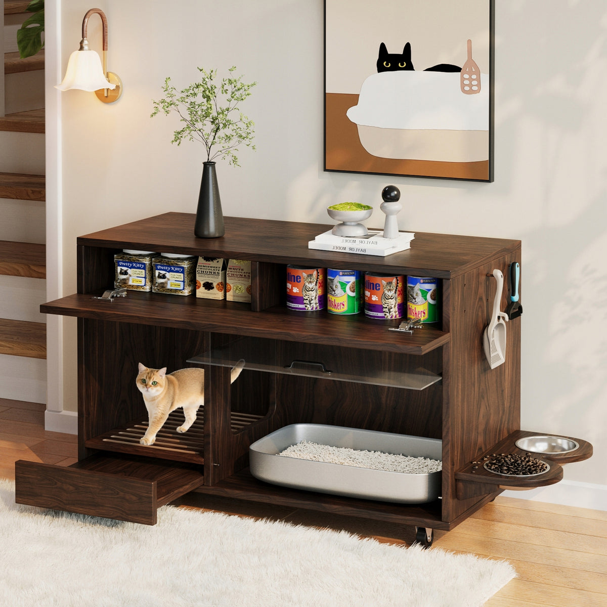 Portable litter box cabinet 100×45,5×67 cm, walnut.