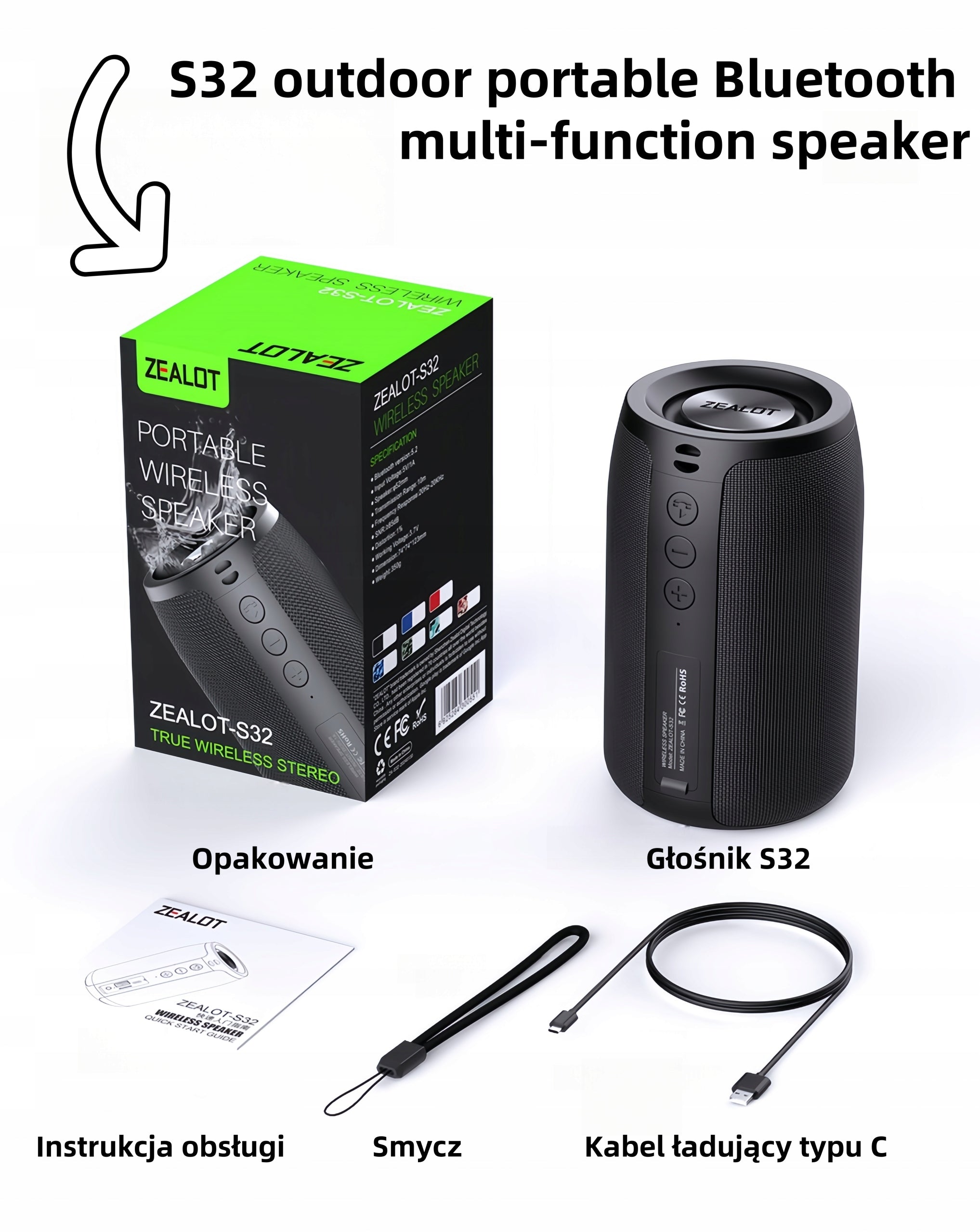 Portable speaker Zealot S32 black 5 W Manufacturer code 2219805