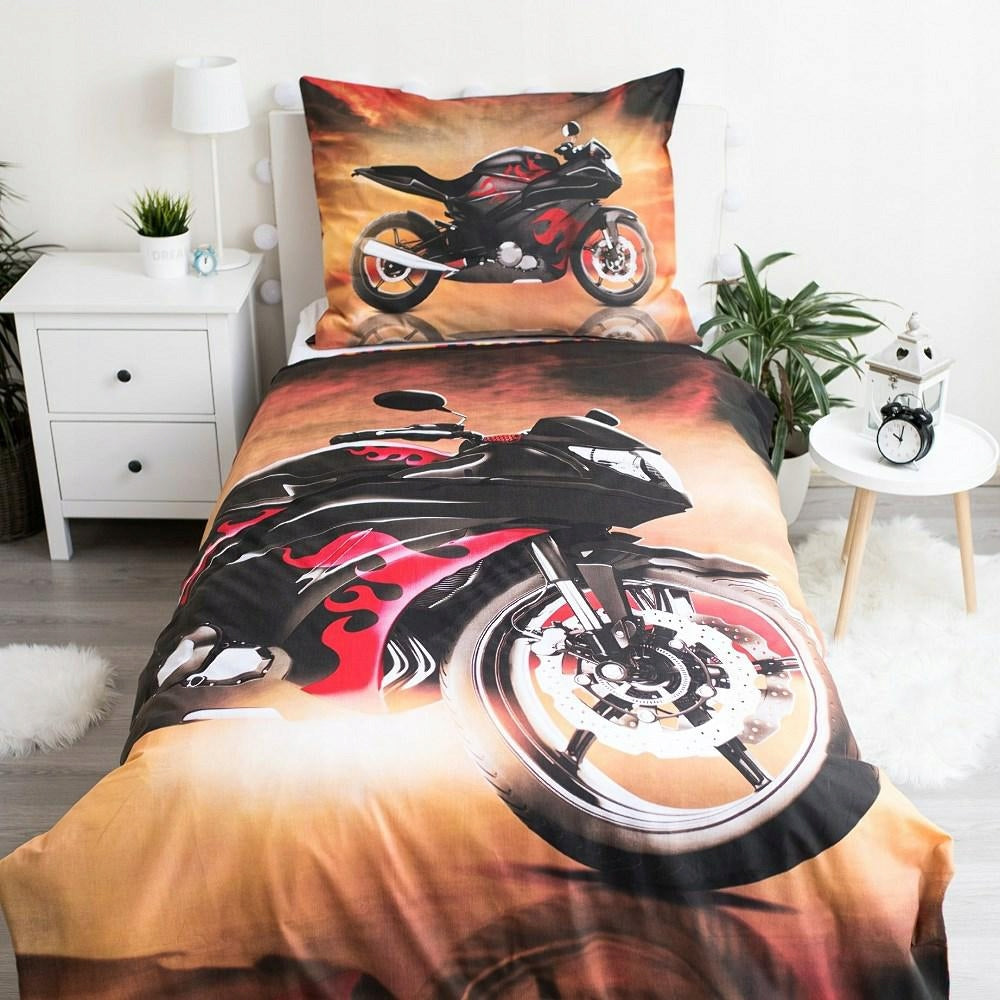 Zweiseitiges Bettwäscheset für Kinder, Motorrad, Rot, 140 x 200, 2-teilig 